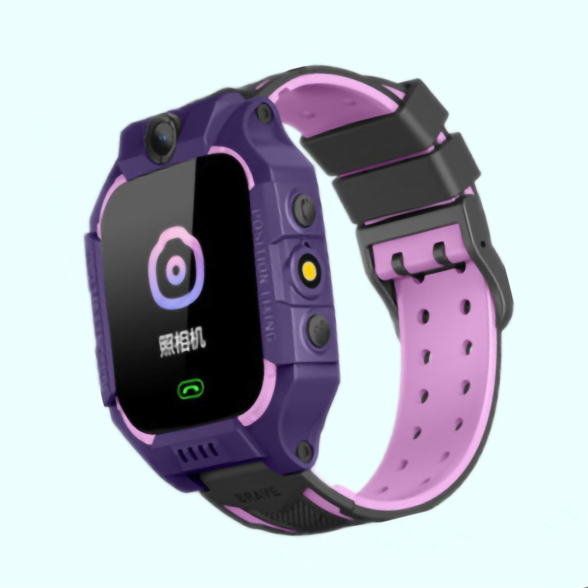 Eine lila-rosa Smartwatch mit Kamera, zeigt ein Kamera-Symbol auf dem Bildschirm.