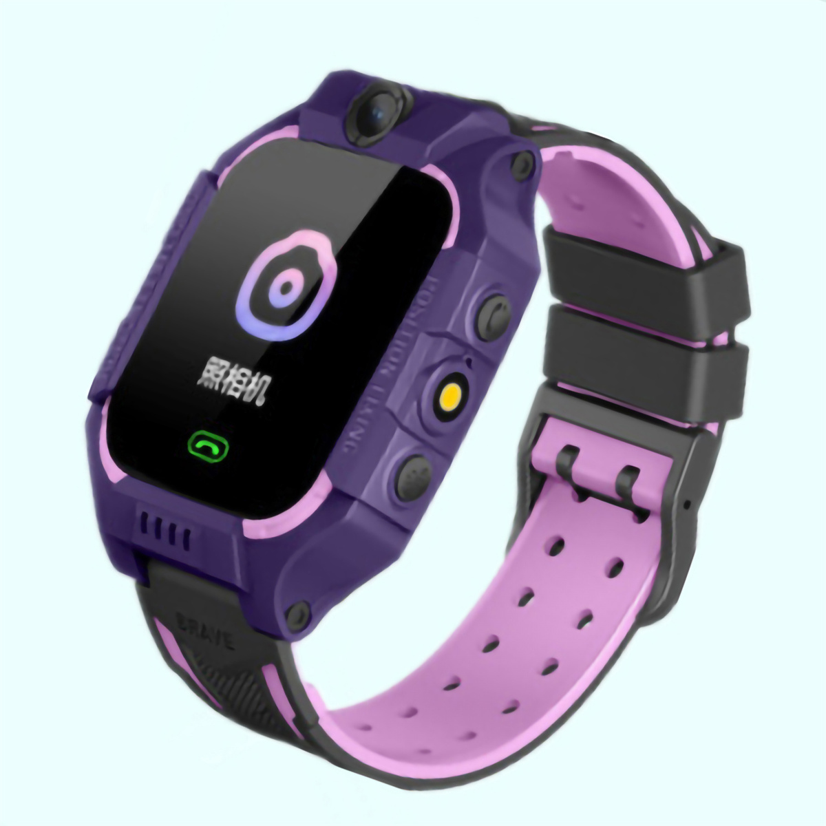 Lila und pinke Smartwatch, die ein Kamerasymbol zeigt.