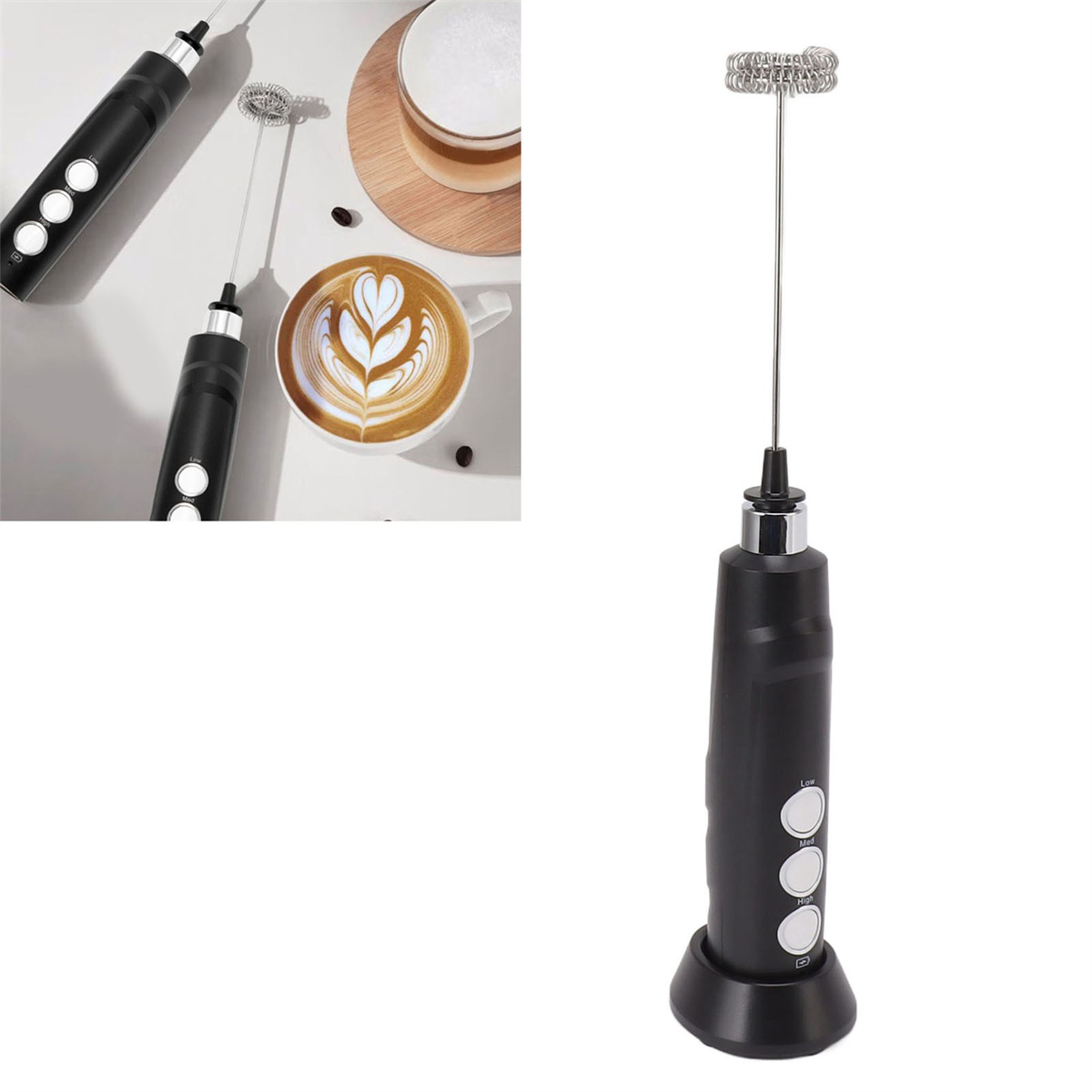 Schwarzer Milchaufschäumer mit Schneebesen. Ein Latte und Kaffeebohnen sind im Hintergrund.