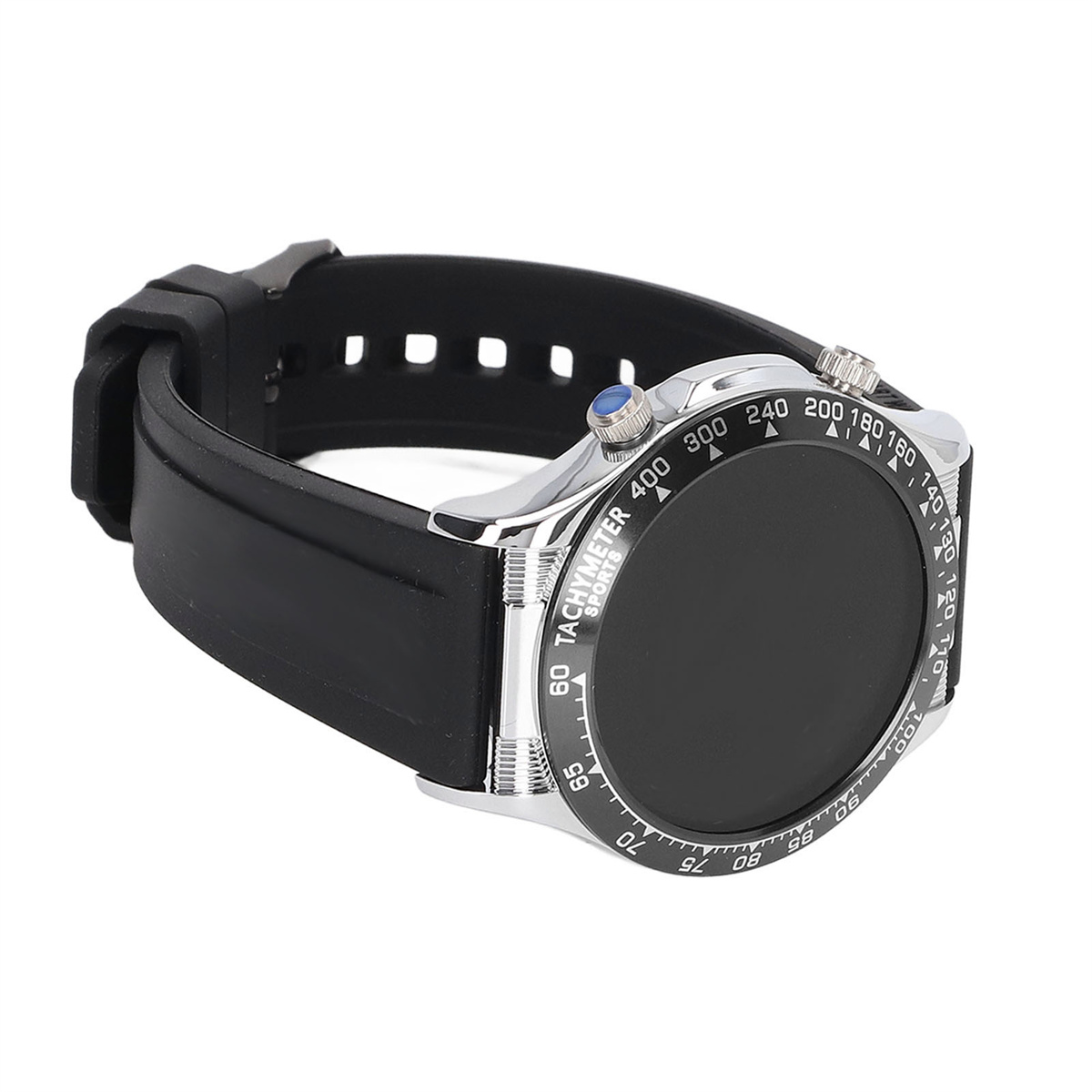 Smartwatch mit schwarzem Armband. Es hat eine silberne Lünette mit Zahlen. Der Bildschirm ist leer.