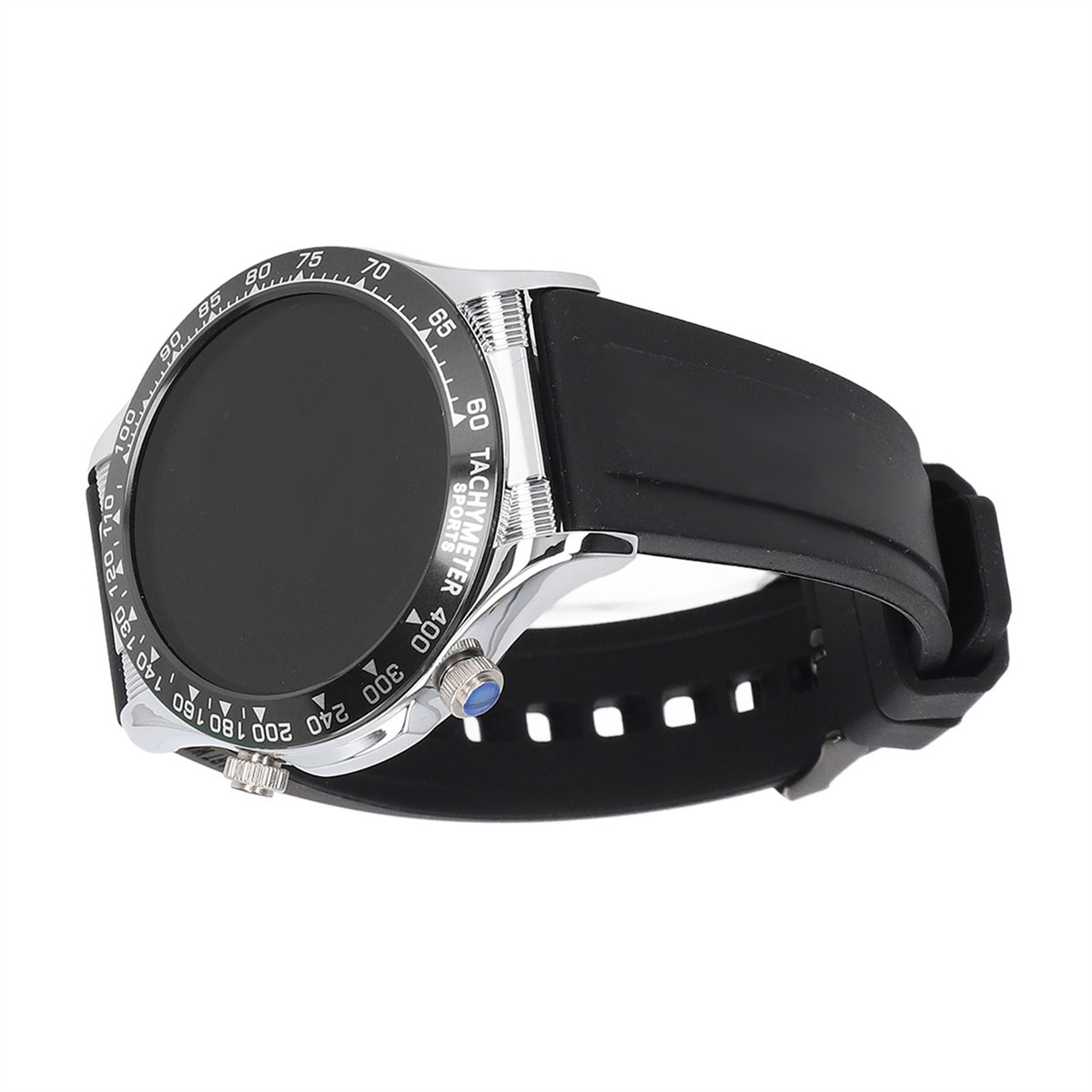Eine schwarze und silberne Smartwatch mit schwarzem Armband, zeigt einen schwarzen Bildschirm und eine silberne Lünette.