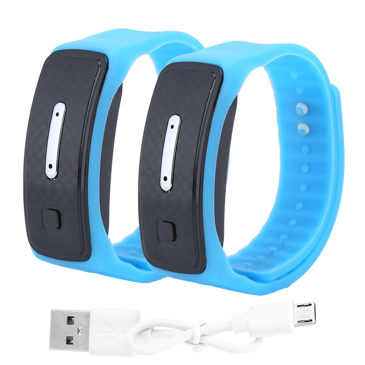 Zwei blaue Smartwatches mit schwarzen Bildschirmen, ein USB-Kabel und ein weißer Hintergrund.