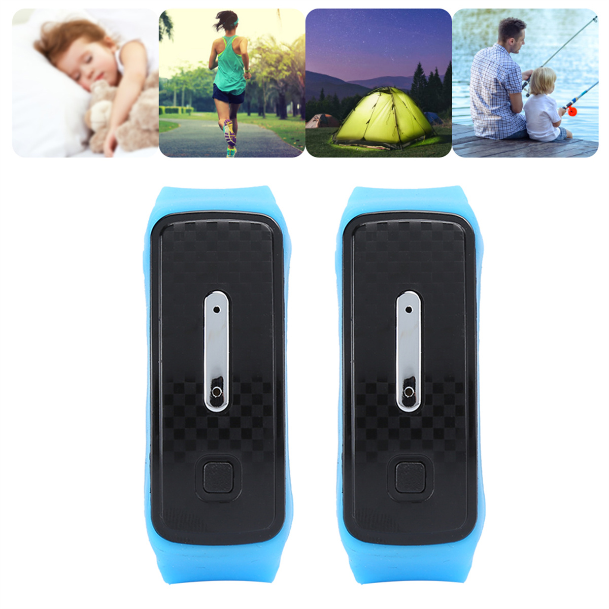 Zwei blaue Fitness-Tracker mit schwarzen Displays und vier Bildern verschiedener Aktivitäten.