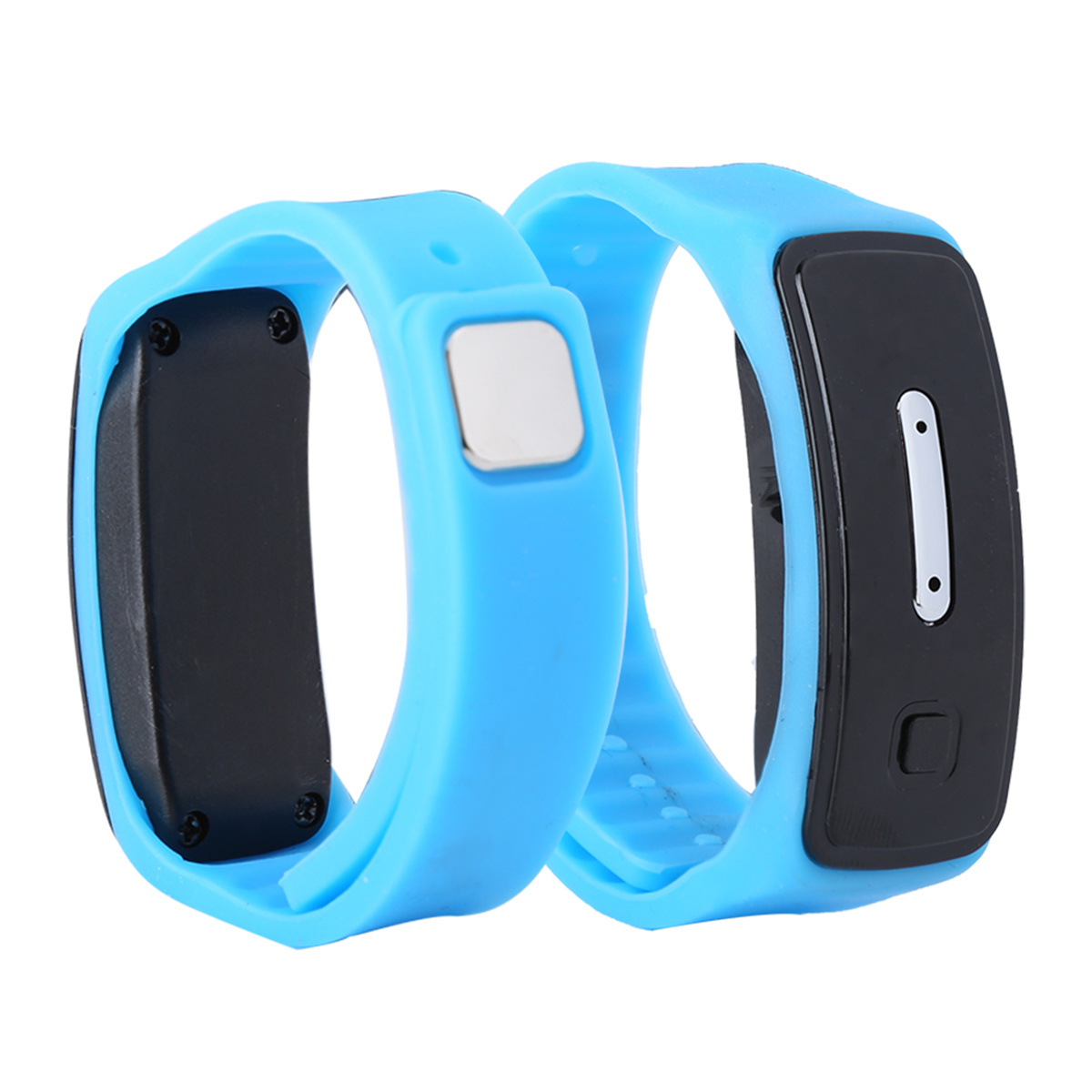 Zwei blaue Fitness-Tracker-Armbänder, nebeneinander, mit schwarzen Bildschirmen.