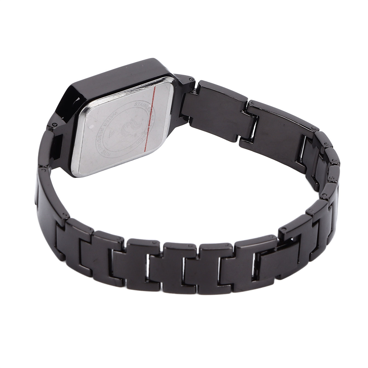 Schwarze Armbanduhr mit rechteckigem Zifferblatt und Metallarmband.
