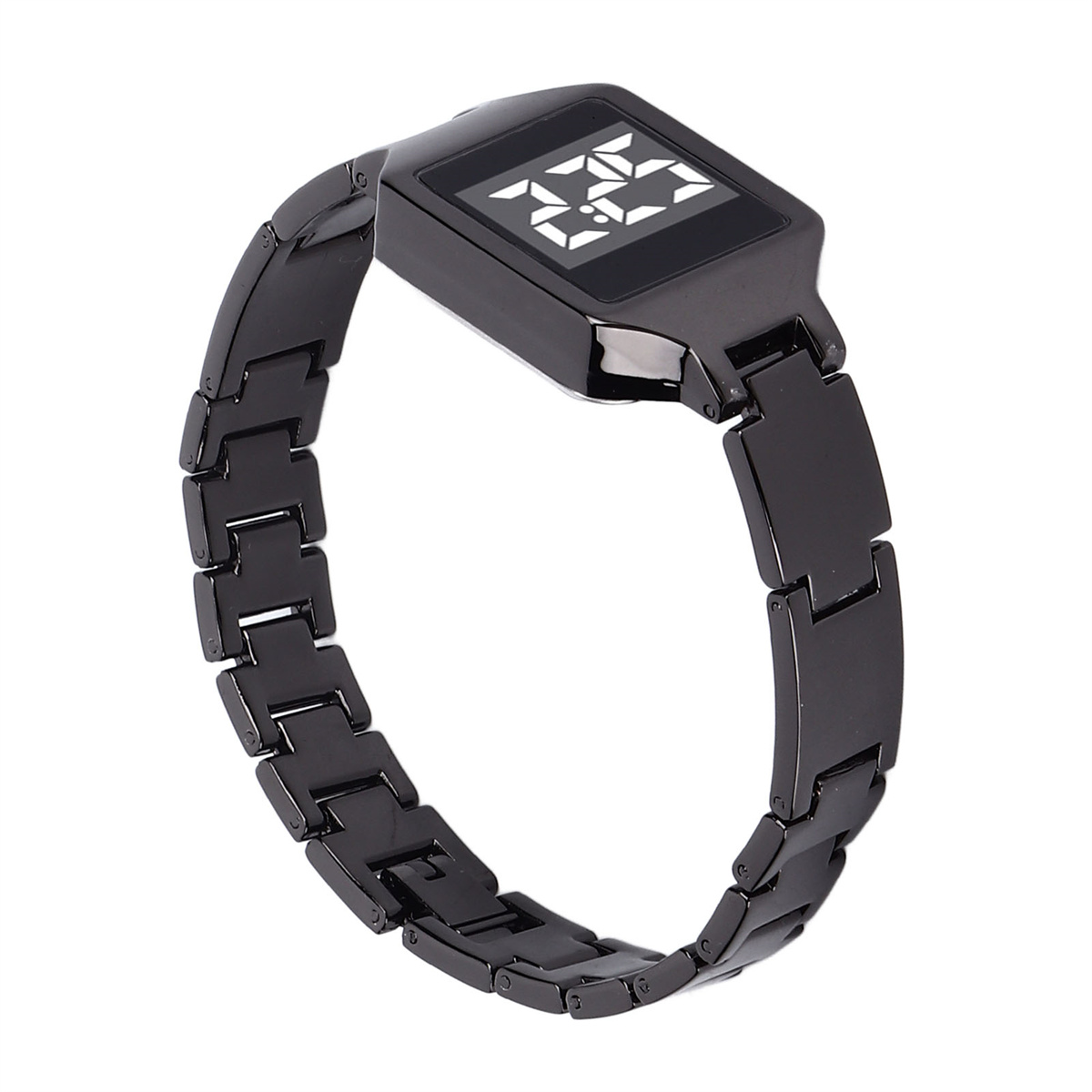 Eine schwarze Digitaluhr mit quadratischem Zifferblatt und schwarzem Metallarmband, auf weißem Hintergrund.
