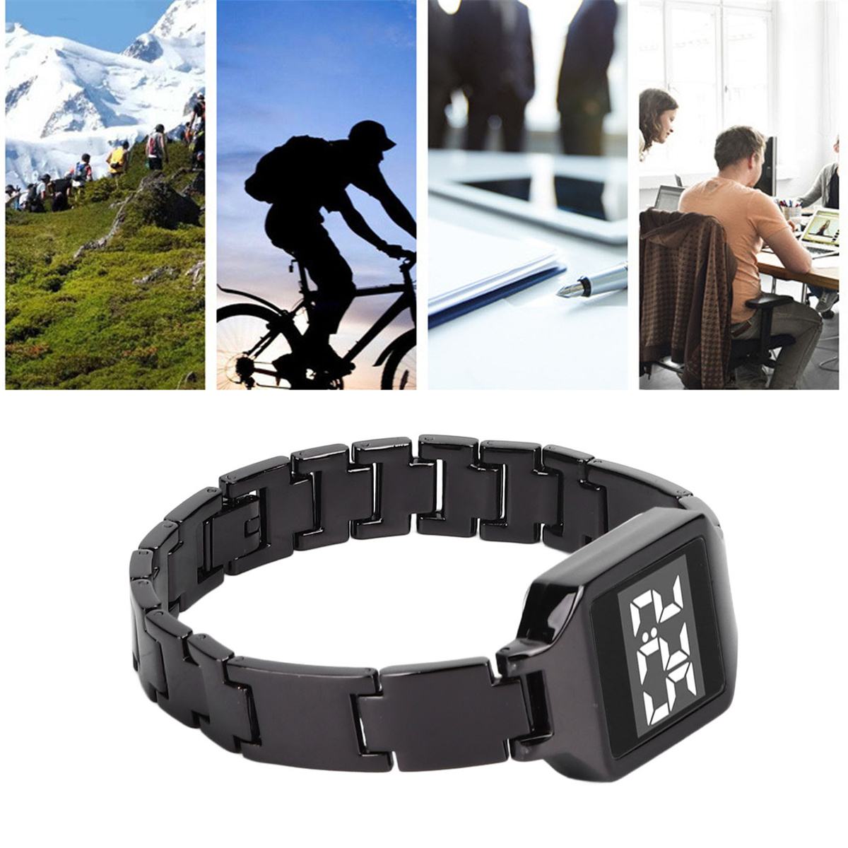 Eine schwarze Smartwatch mit Display. Szenen von Outdoor-Aktivitäten und Büroarbeit sind zu sehen.