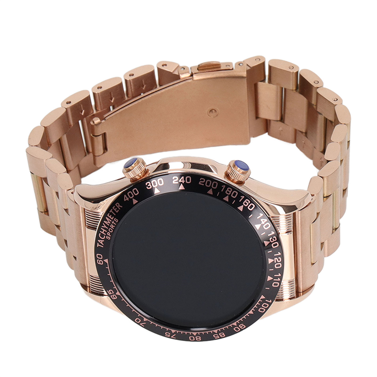 Eine roségoldene Smartwatch mit Metallarmband. Sie hat einen schwarzen Bildschirm mit Tachometer-Design.