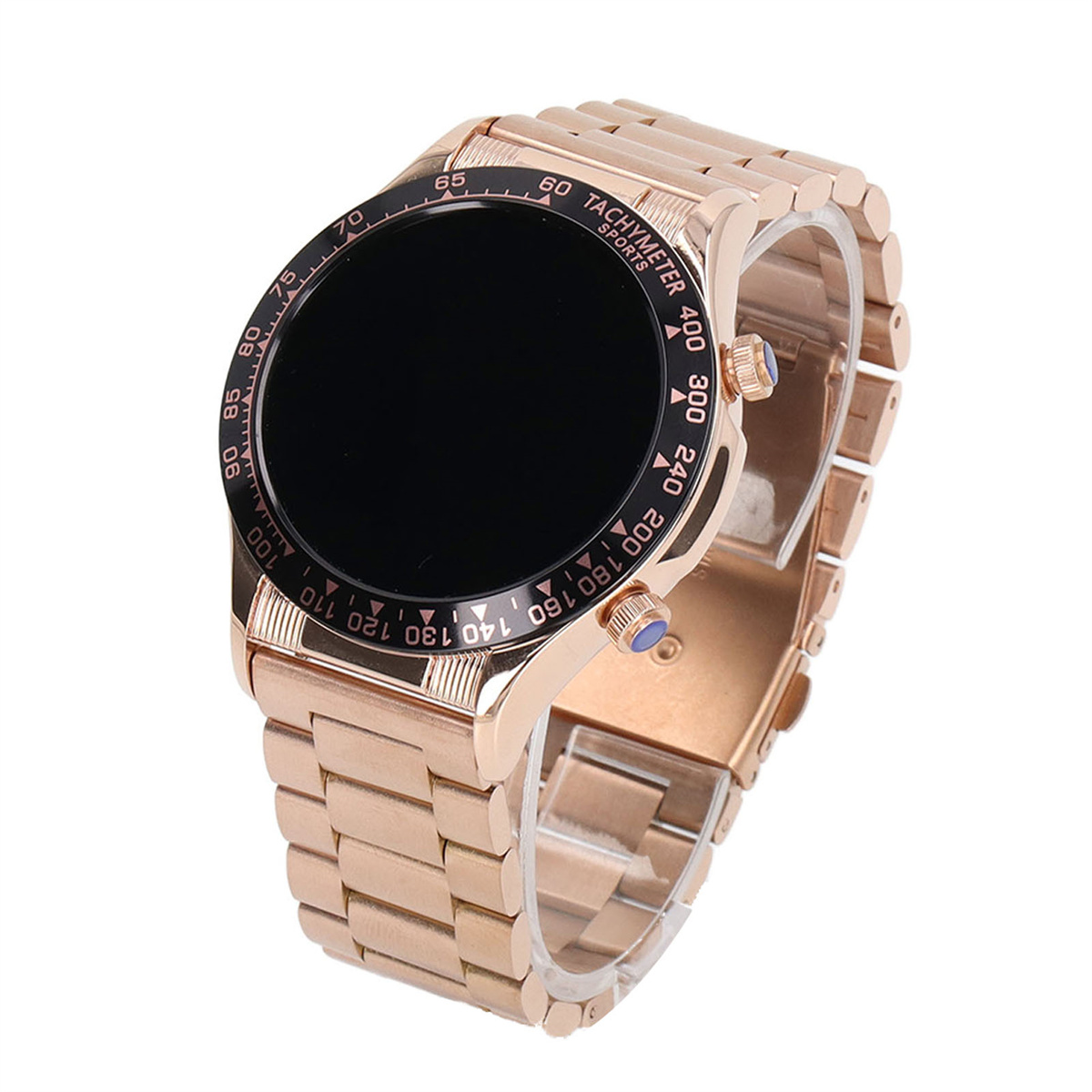 Eine roségoldene Smartwatch. Die Uhr hat einen schwarzen Bildschirm mit goldenem Armband und Tachymeter-Lünette.