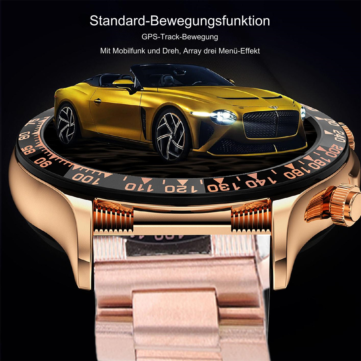 Goldene Smartwatch mit Luxus-Autografik auf dem Zifferblatt, mit Text über GPS und mobile Daten.