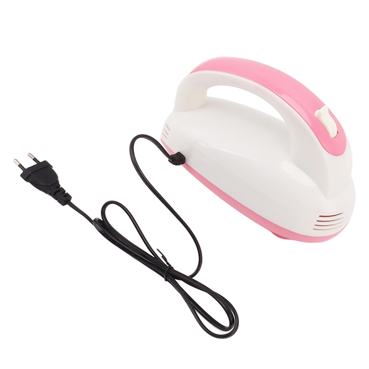Weißer und rosa Handstaubsauger mit schwarzem Netzkabel. Weißer Hintergrund.