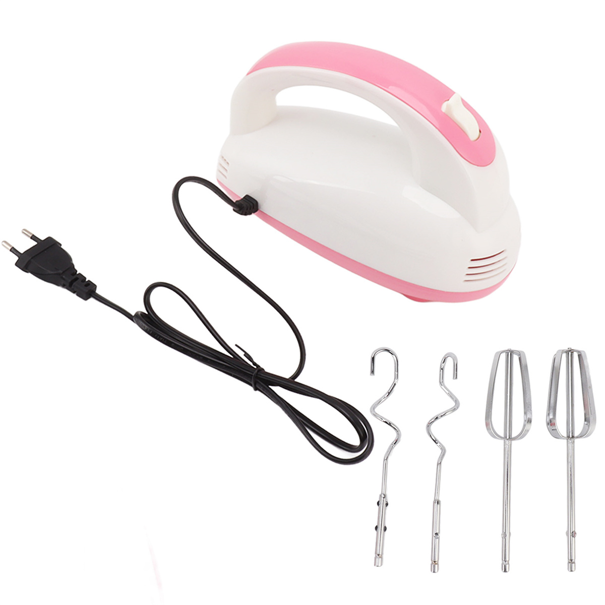 Weißer und pinkfarbener Handmixer mit schwarzem Kabel und verschiedenen Rührbesen.