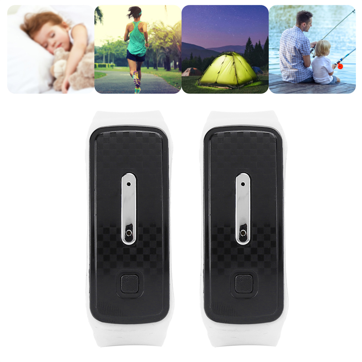Zwei weiße Fitness-Tracker mit schwarzen Bildschirmen und vier Bildern von Aktivitäten im Hintergrund.