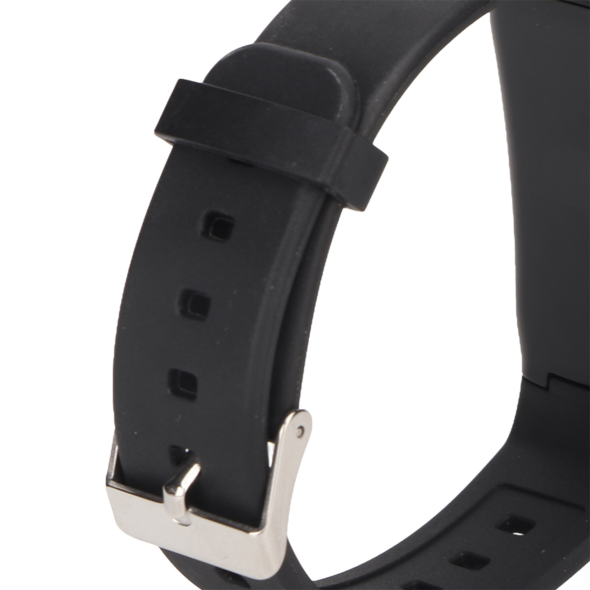 Nahaufnahme eines schwarzen Uhrenarmbands mit einer silbernen Schnalle. Das Armband ist aus Gummi.