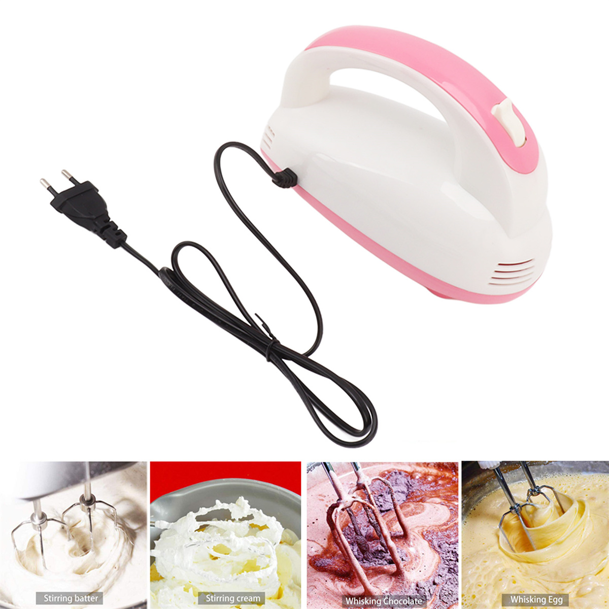 Ein weißer und rosa Handmixer mit Netzkabel. Unten sind Bilder von Teig, Sahne, Schokolade und Ei.