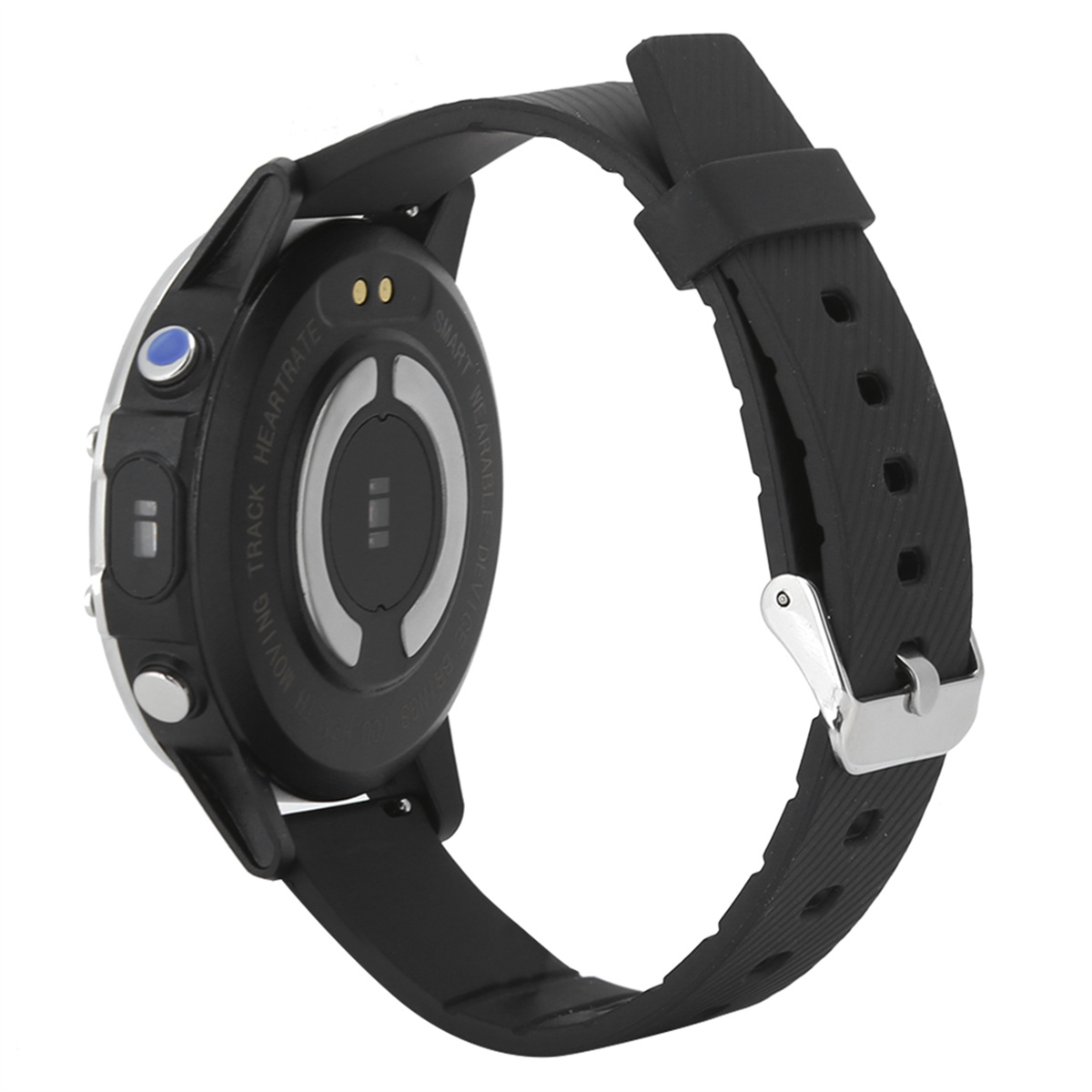 Eine schwarze Smartwatch, Seitenansicht, mit Herzfrequenzsensor, Knöpfen und dem schwarzen Armband mit silberner Schließe.