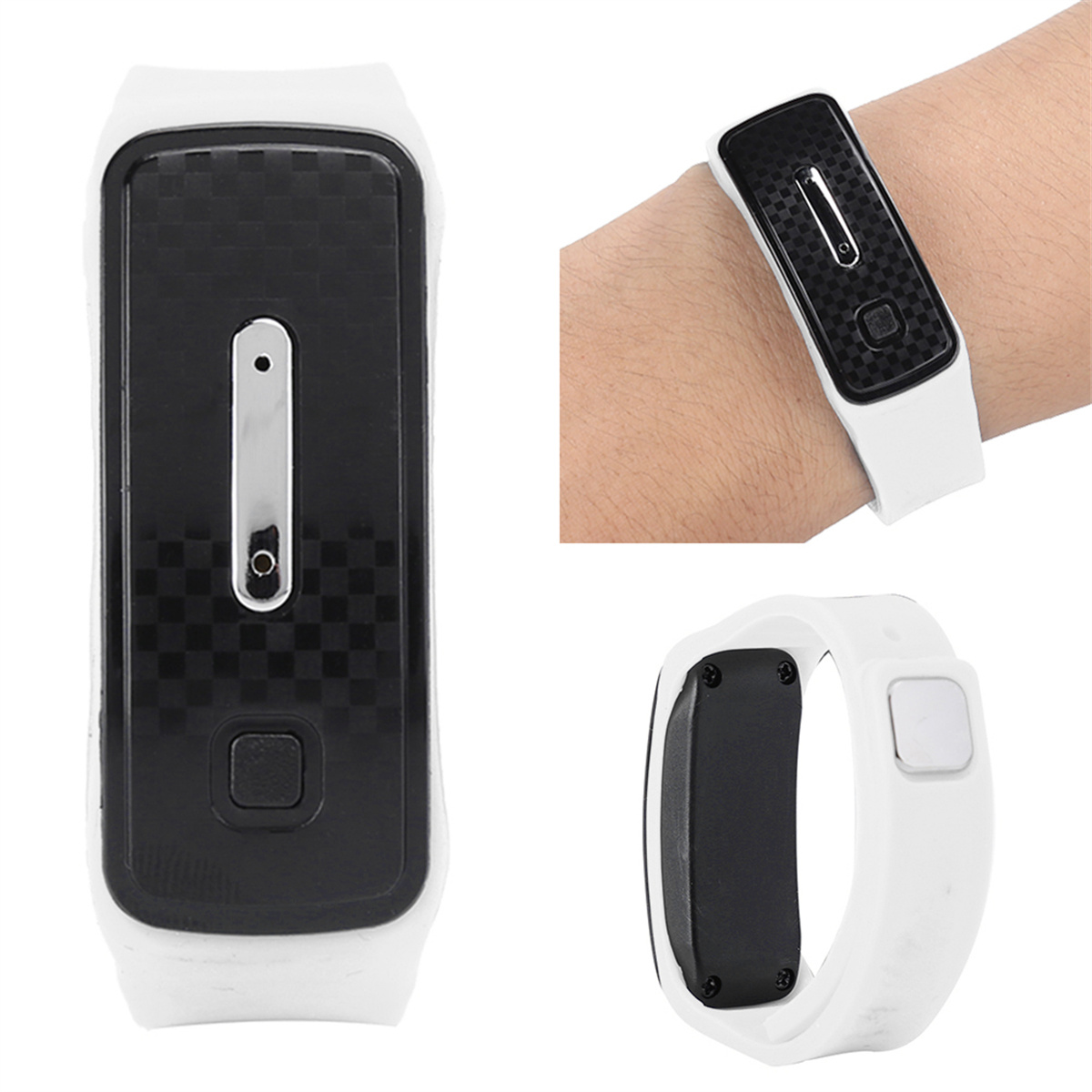 Drei Bilder eines weißen Fitness-Trackers: eine Vorderansicht, eine am Handgelenk und eine Seitenansicht.