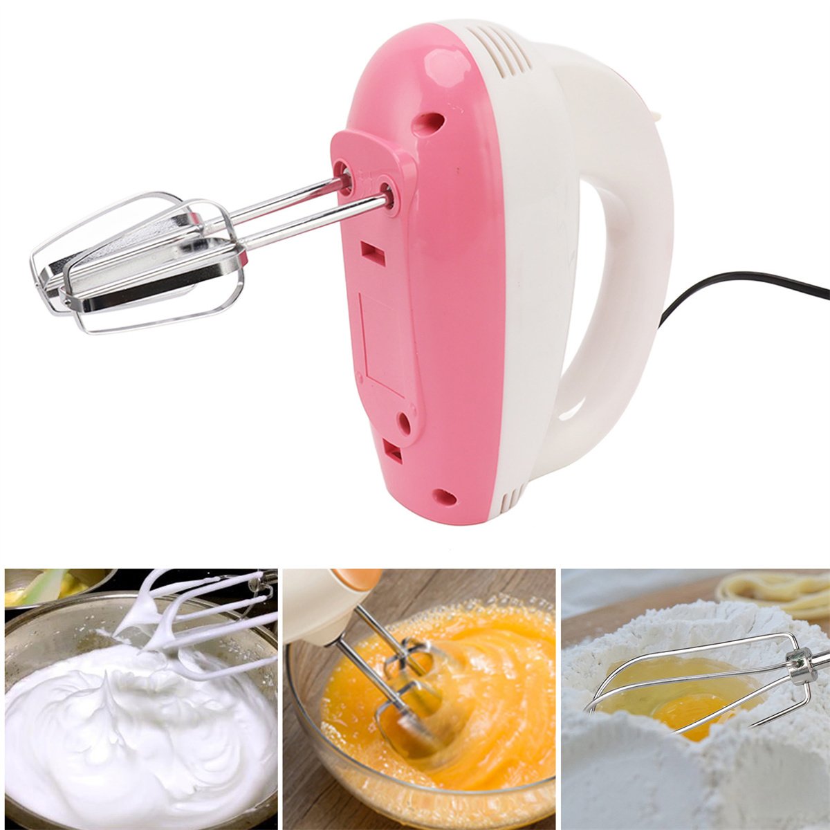 Weißer und rosafarbener Handmixer mit mehreren Schneebesen und Zutaten zum Backen, in verschiedenen Schalen.