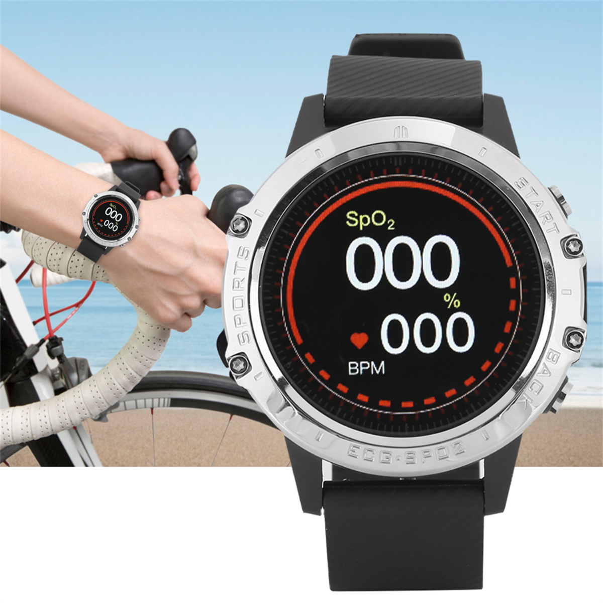 Eine Smartwatch, die SpO2, Herzfrequenz und andere Daten anzeigt. Im Hintergrund fährt eine Person Fahrrad.