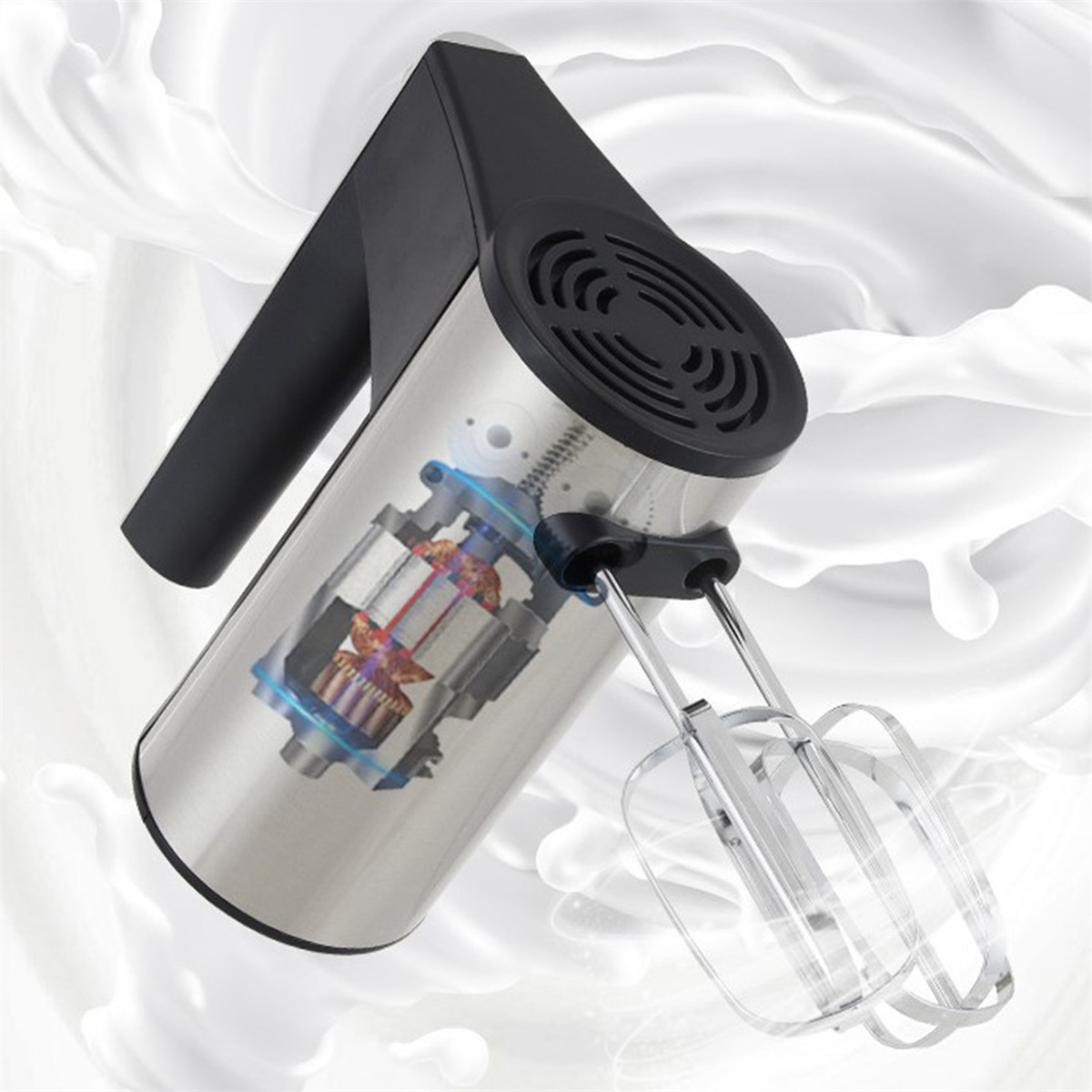 Handmixer mit Querschnittsansicht. Interne Teile gezeigt. Weißer Hintergrund mit Milchwirbeln.