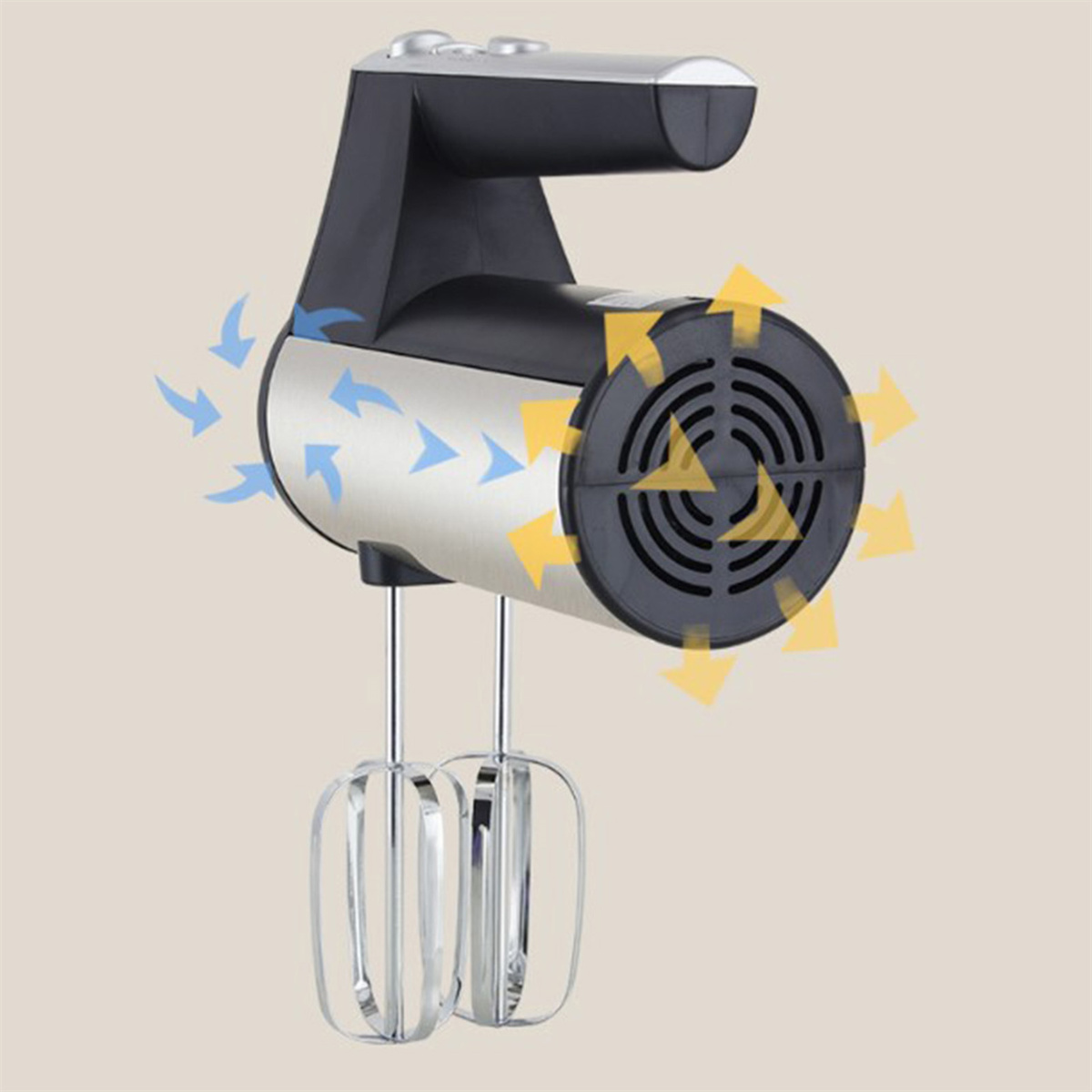 Handmixer mit Pfeilen, die den Luftstrom anzeigen. Silber- und Schwarztöne.