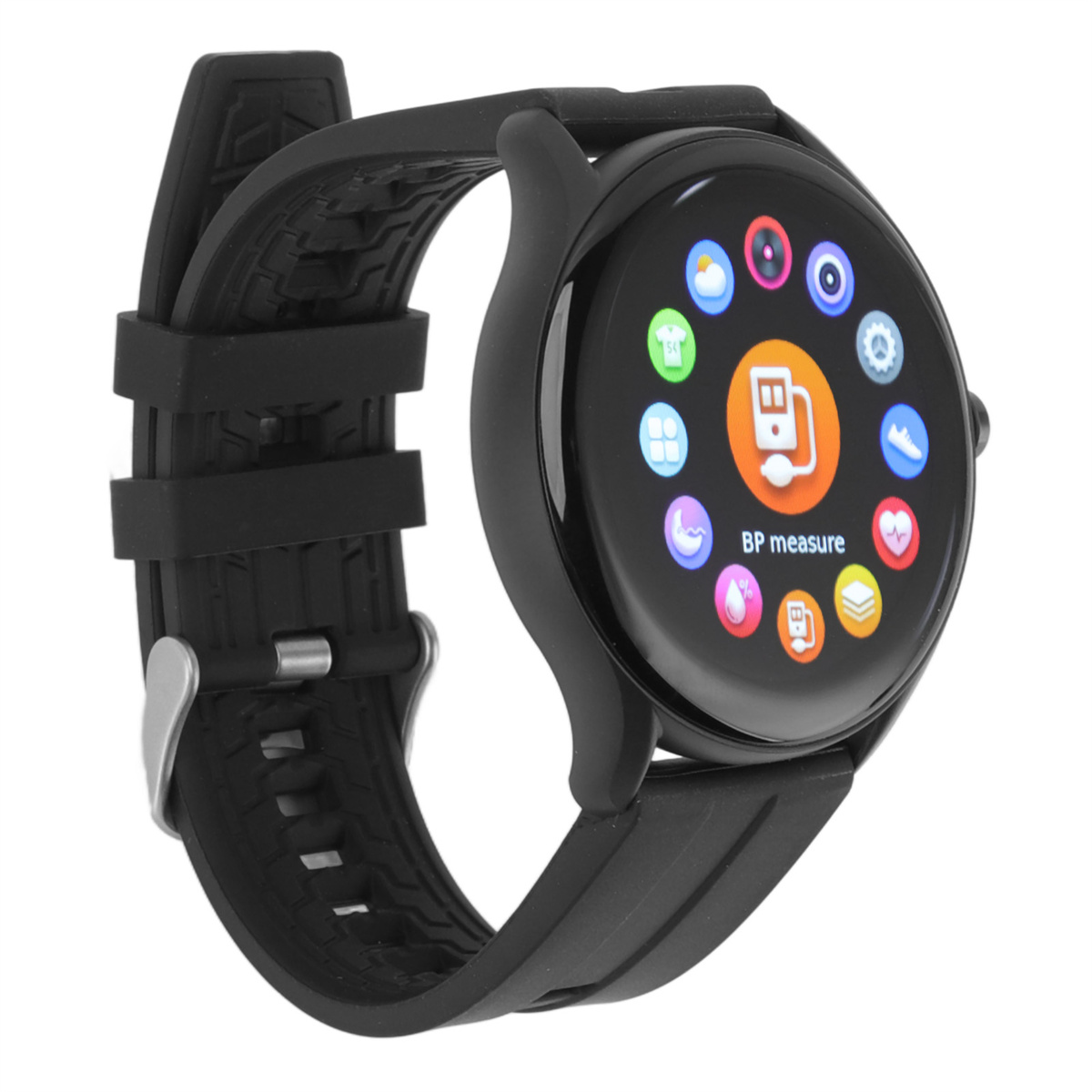 Schwarze Smartwatch mit rundem Zifferblatt mit Symbolen und schwarzem Armband auf weißem Grund.