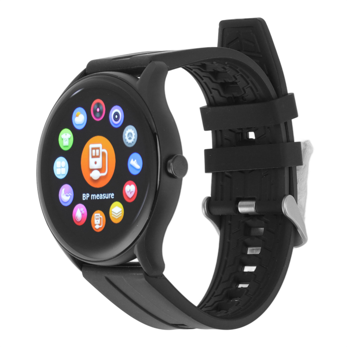 Schwarze Smartwatch mit rundem Zifferblatt mit bunten Symbolen und schwarzem Armband.