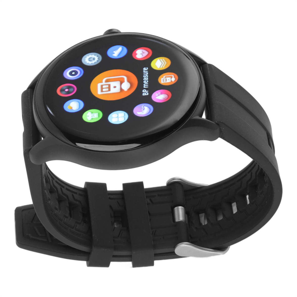 Schwarze Smartwatch mit schwarzem Armband. Der Bildschirm zeigt App-Symbole in Farbe.