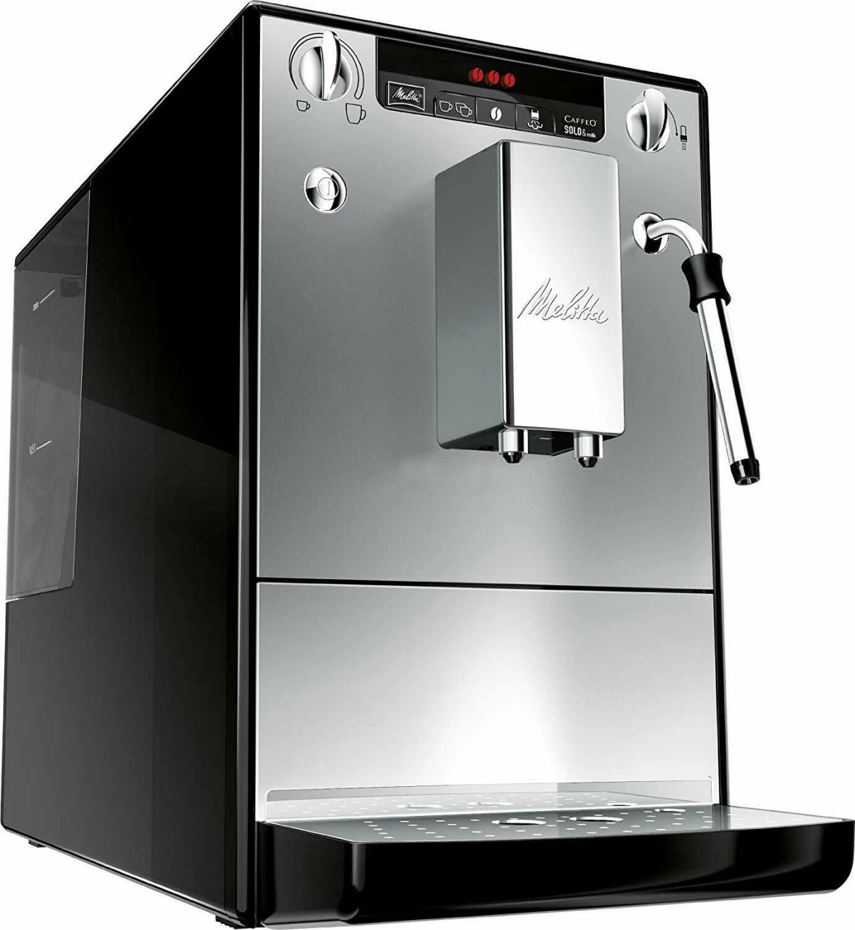 Macchina da caffè Melitta argento e nera, vista frontale. Ha un contenitore dell'acqua a sinistra.