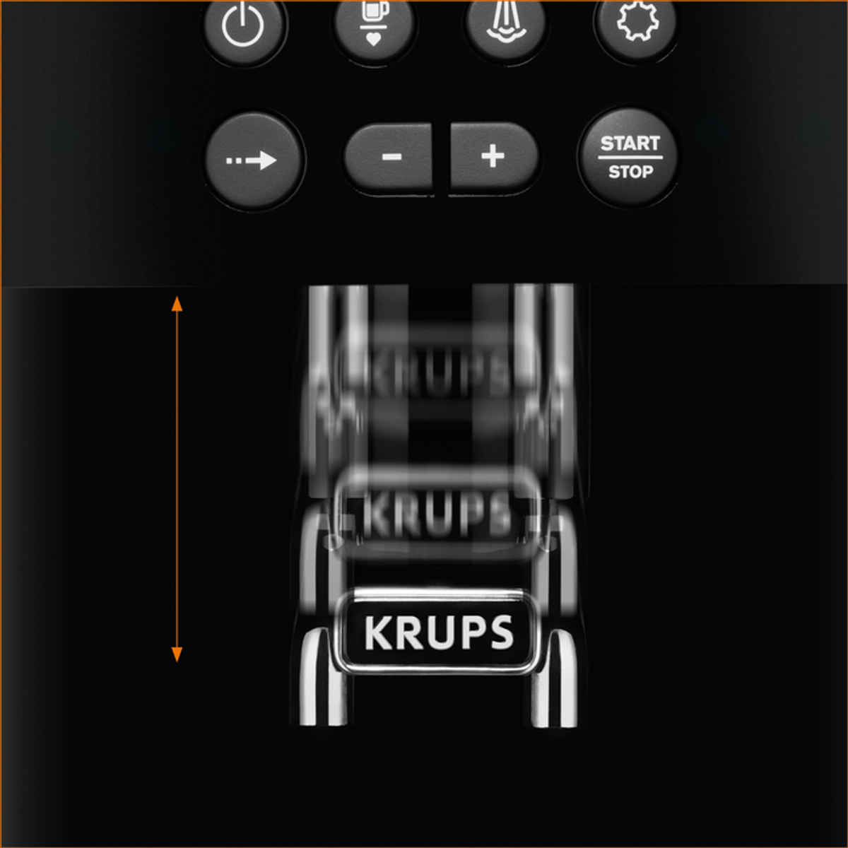 Macchina da caffè nera con pulsanti e logo Krups a fuoco. I pulsanti includono accensione e avvio.