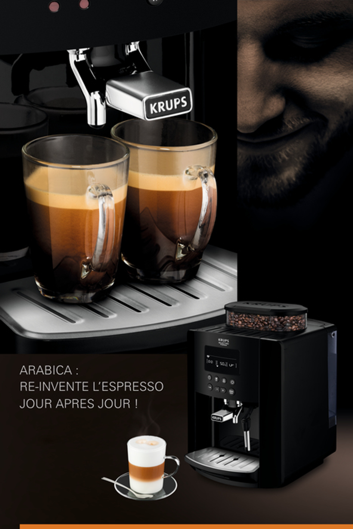 Macchina per espresso con due bicchieri di caffè in erogazione. Una piccola tazza di caffè è sulla superficie.