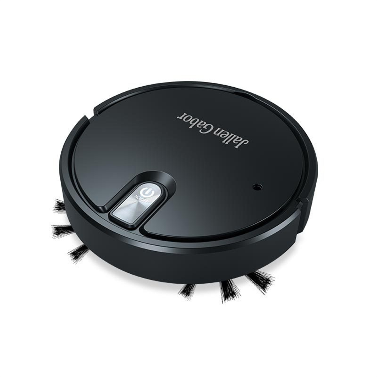 Schwarzer, runder Roboter-Staubsauger. Er hat Bürsten an der Unterseite und einen Ein-/Aus-Knopf oben.