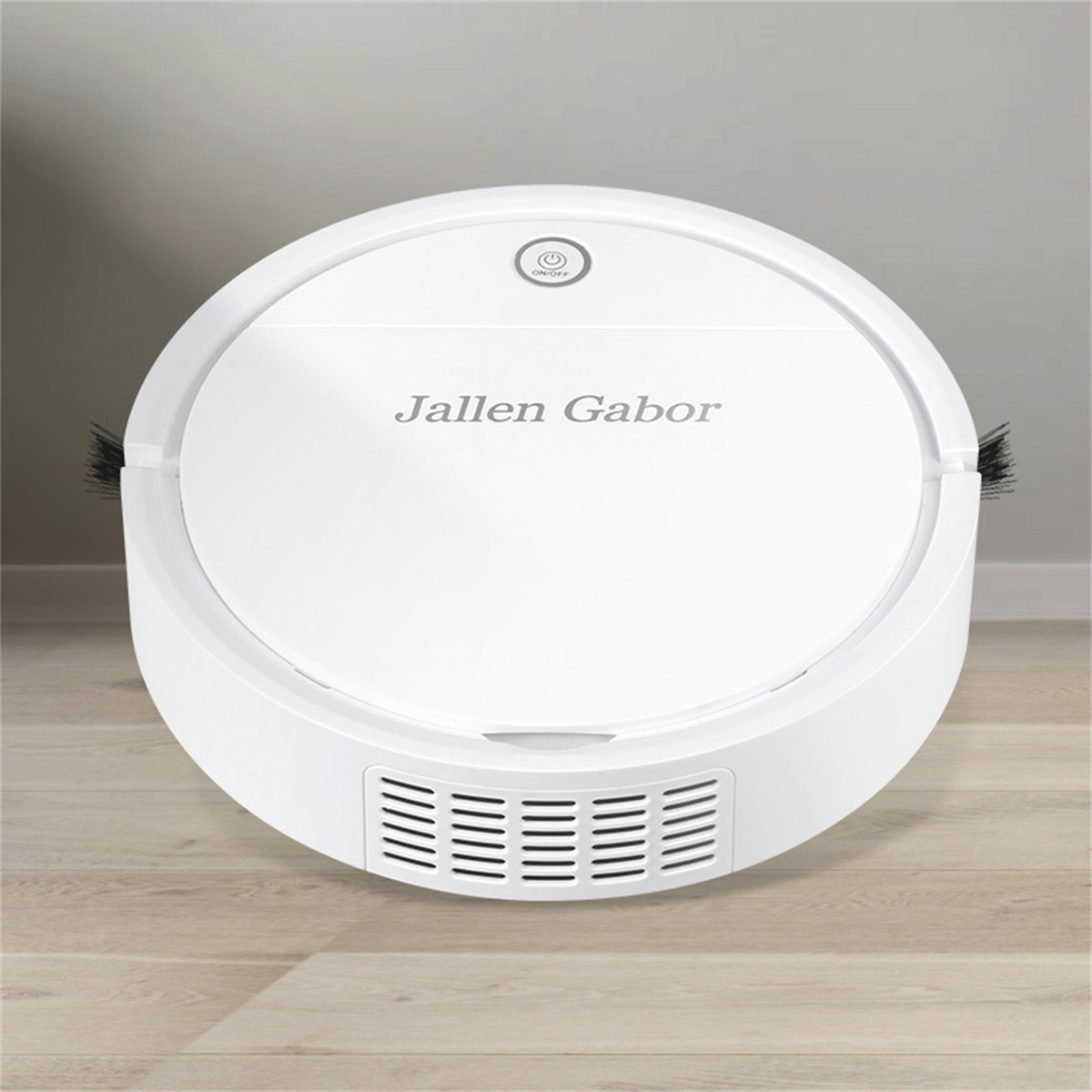 Weißer Roboter-Staubsauger auf Holzboden. Es hat den Markennamen 'Jallen Gabor'.