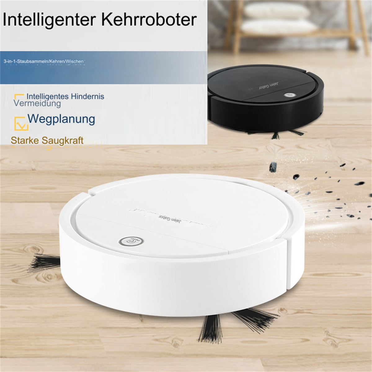 Weiß-schwarzer Roboter-Staubsauger, mit Text und schwarzem Staubsauger rechts.