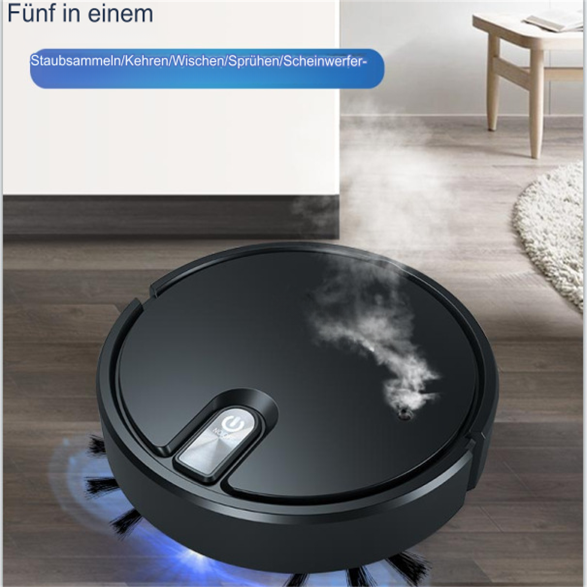 Schwarzer Roboter-Staubsauger auf Holzboden. Rund mit Bürsten.