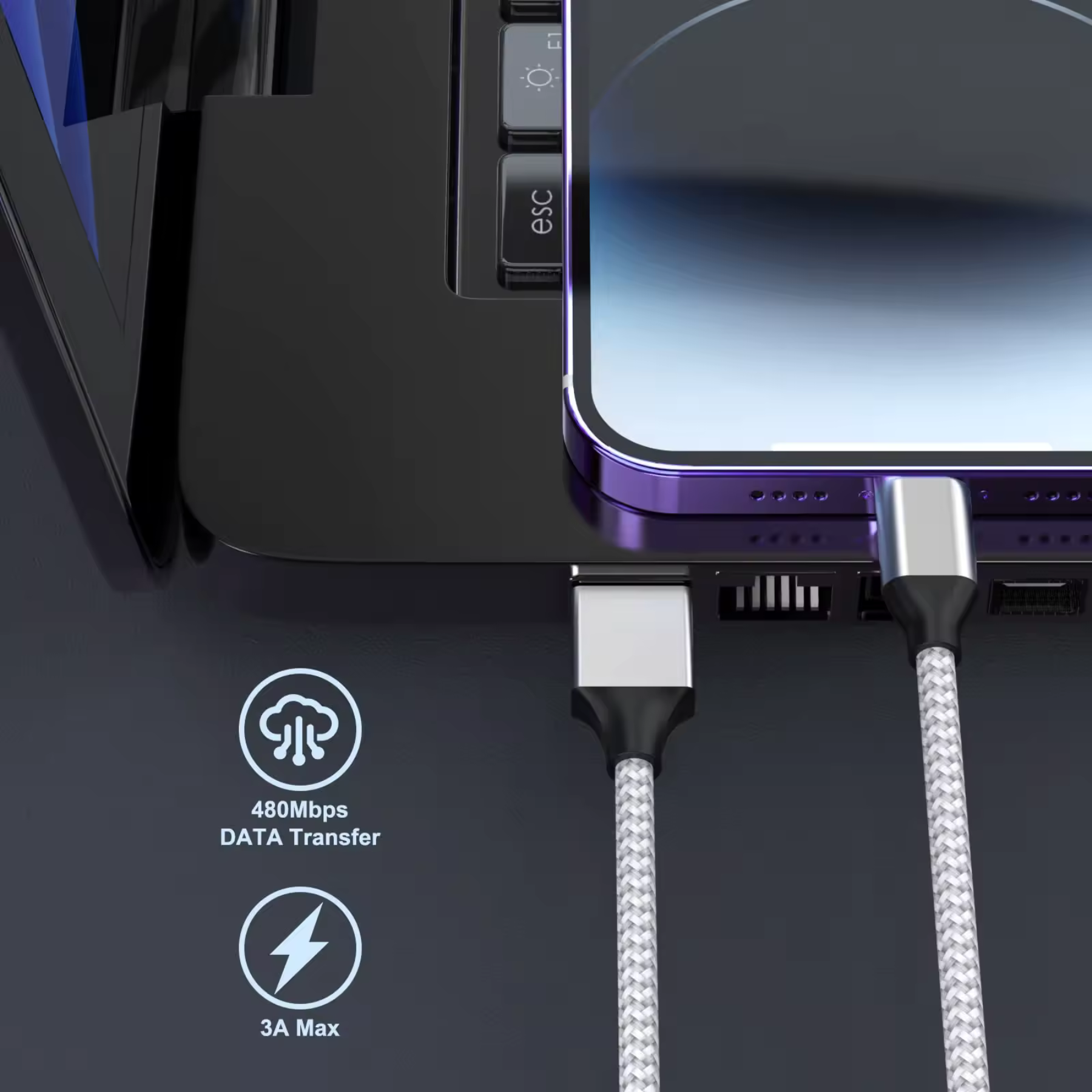 Nahaufnahme eines USB-C-Kabels, das an ein Telefon und einen Laptop angeschlossen ist, mit Text.