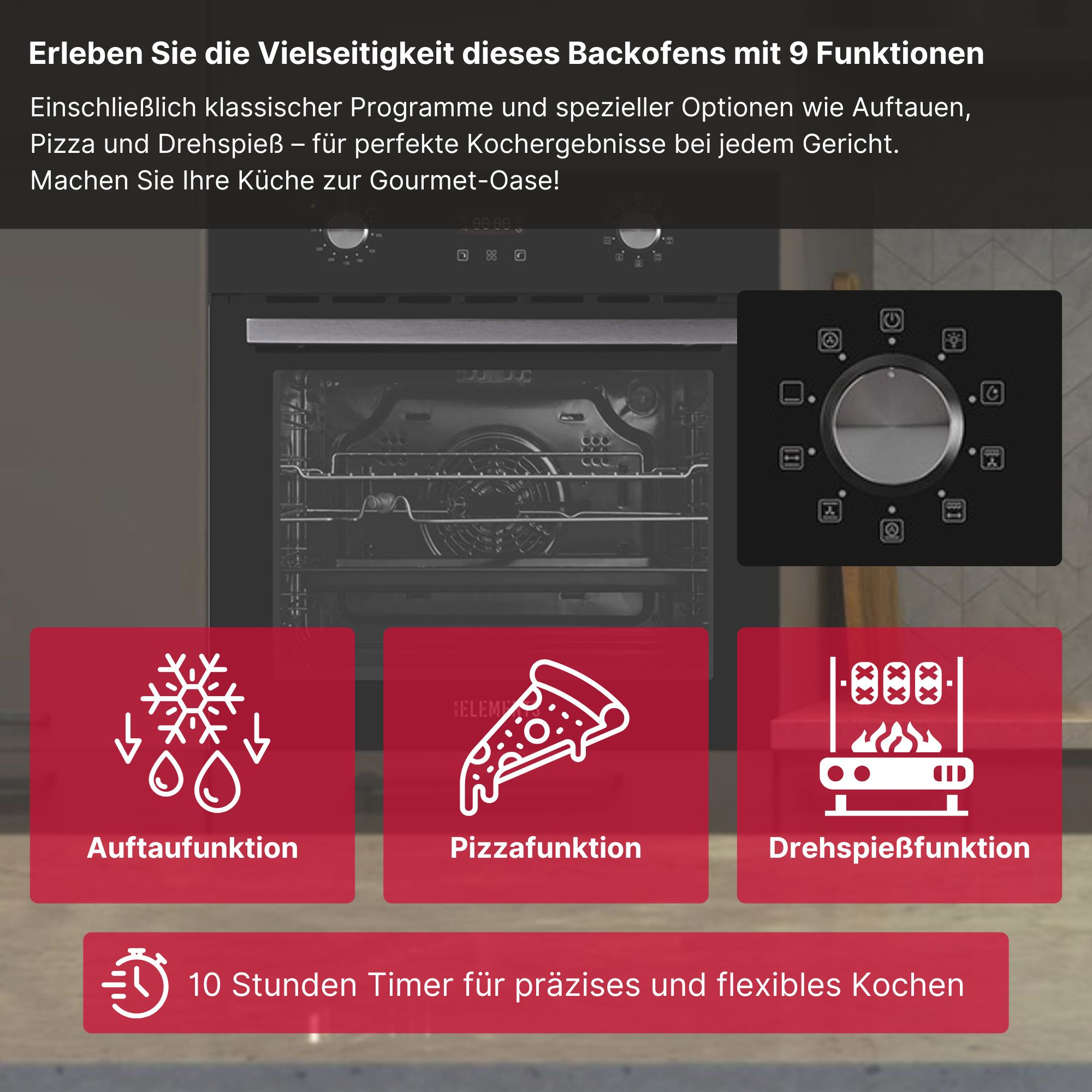 Ein Backofen mit Bedienfeld und Symbolen sowie Illustrationen von Auftau-, Pizza- und Drehspießfunktionen.