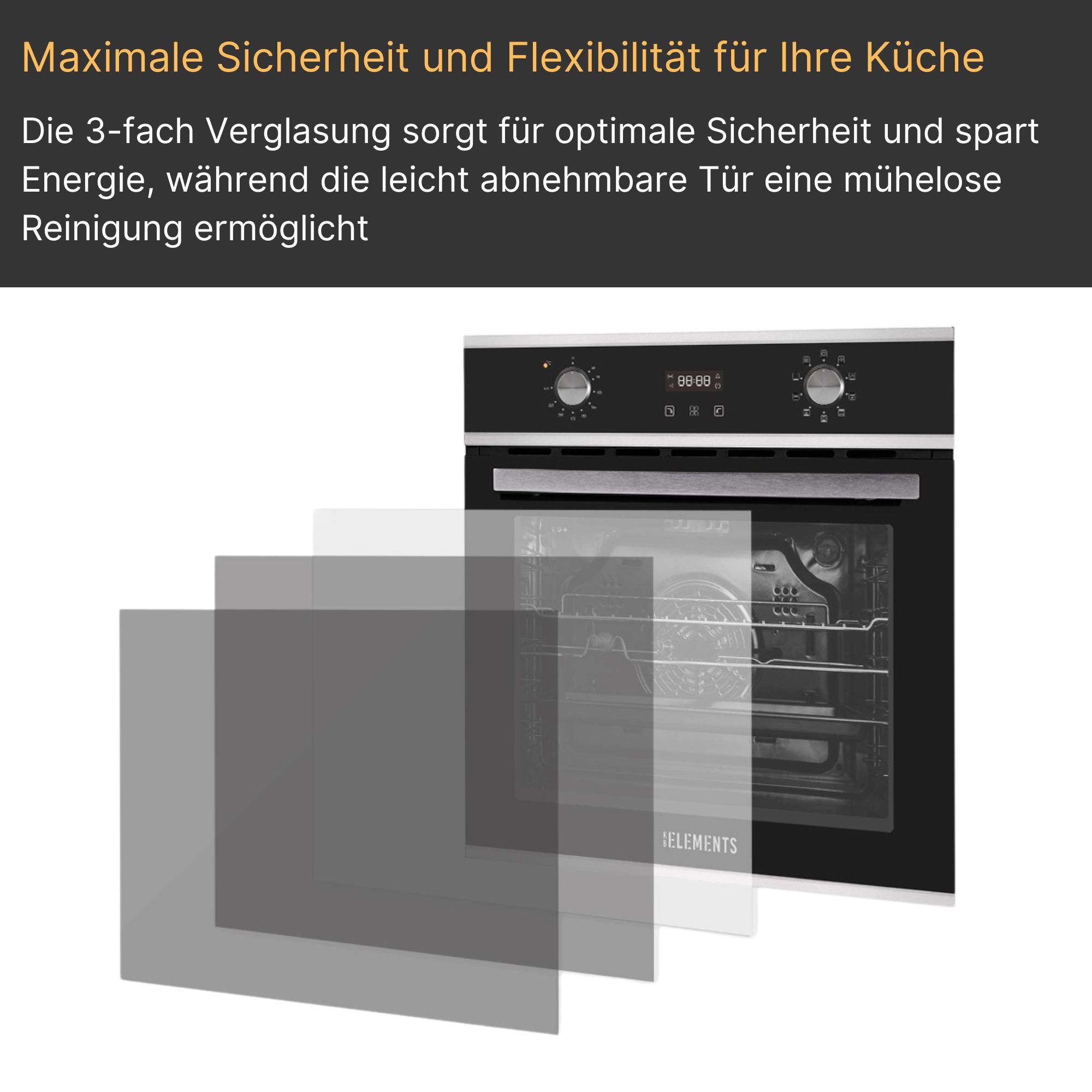 Ofen mit drei Glasscheiben, Text über Sicherheit und Flexibilität.