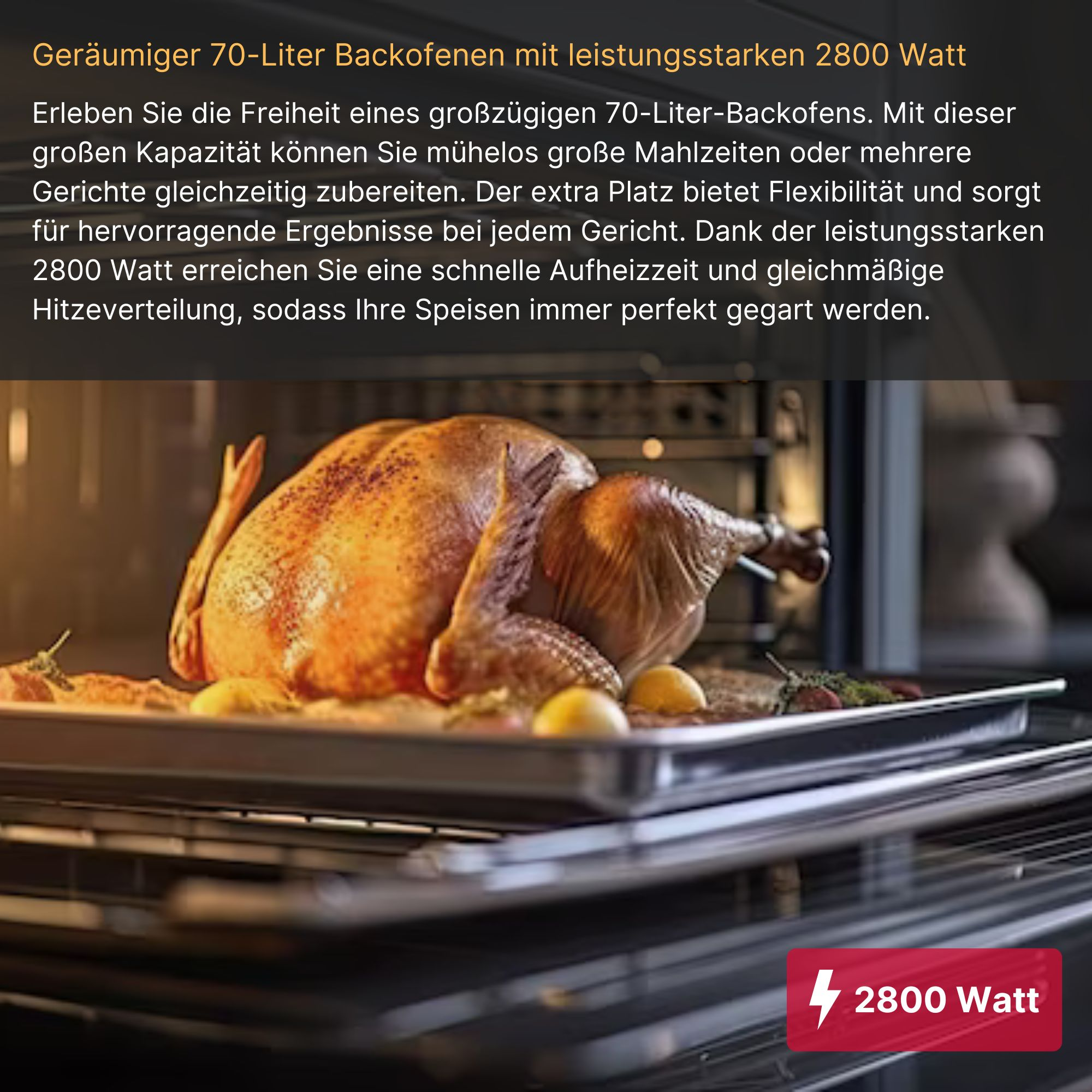 Gebratener Truthahn im Ofen. Der Ofen hat ein digitales Display und die Leistung wird angezeigt.