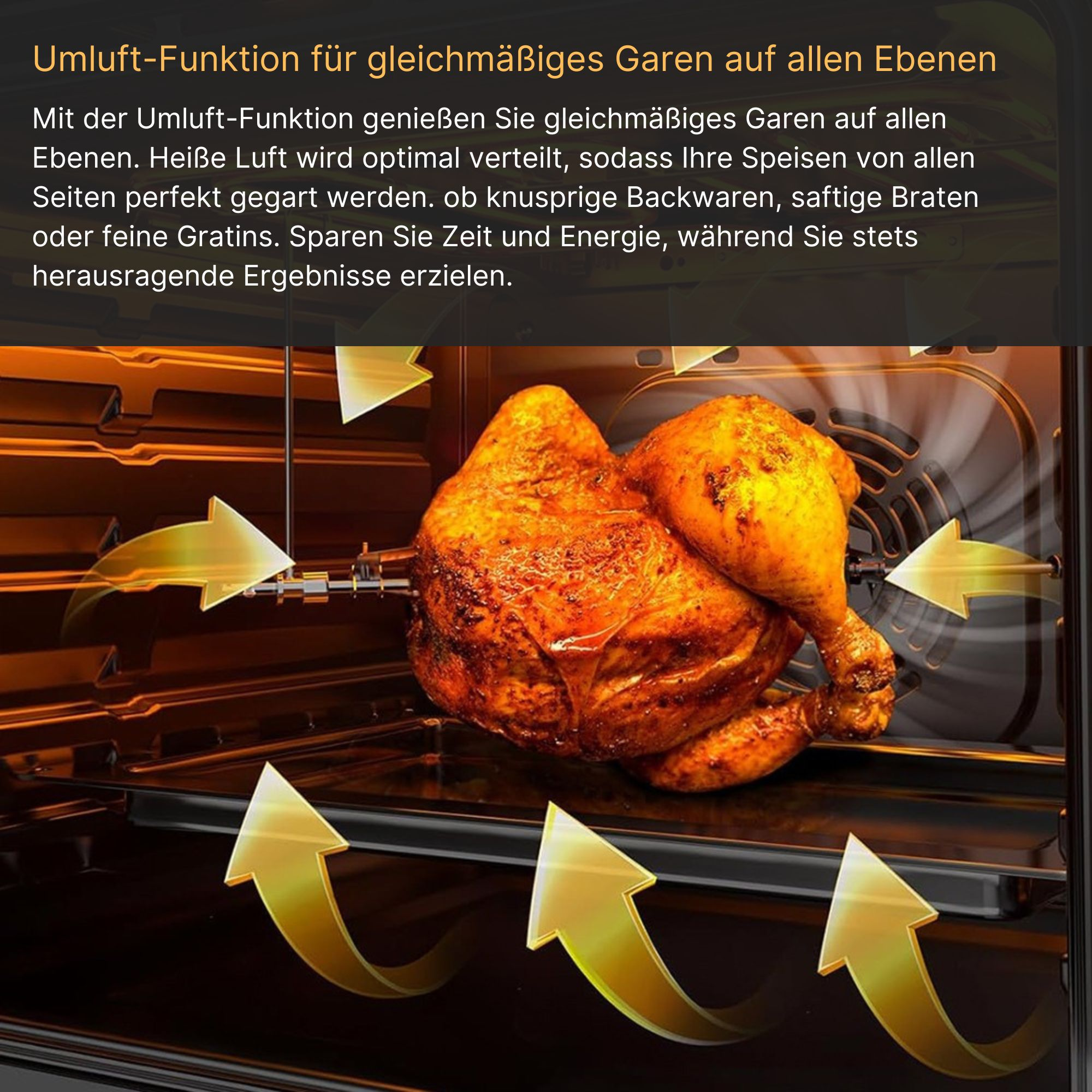 Gebratenes Hähnchen in einem Ofen mit Pfeilen, die die Heißluftzirkulation zeigen.