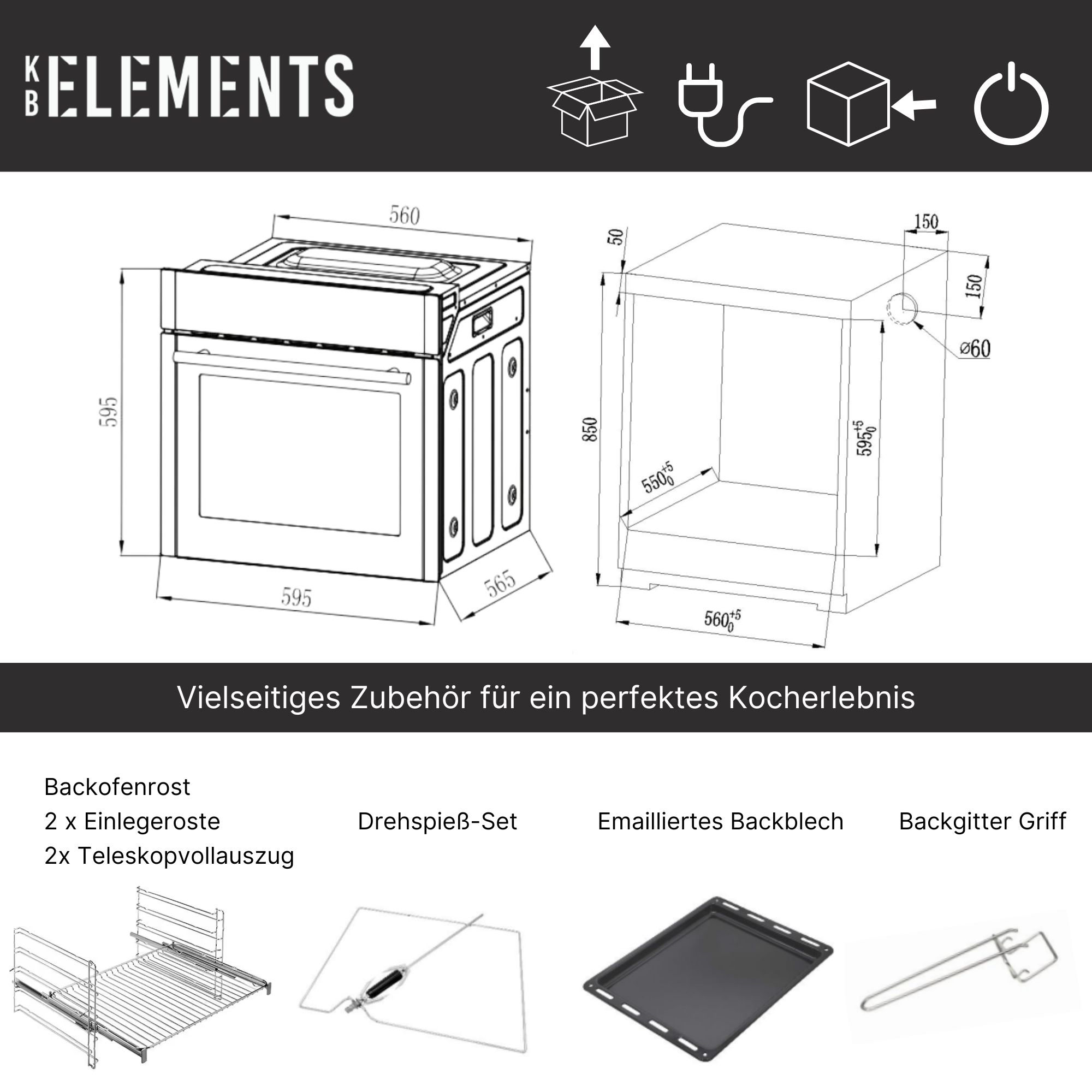 Ein Diagramm zeigt einen Ofen mit Maßen, Teilen und Zubehör. Es hat ein Schwarz-Weiß-Design.