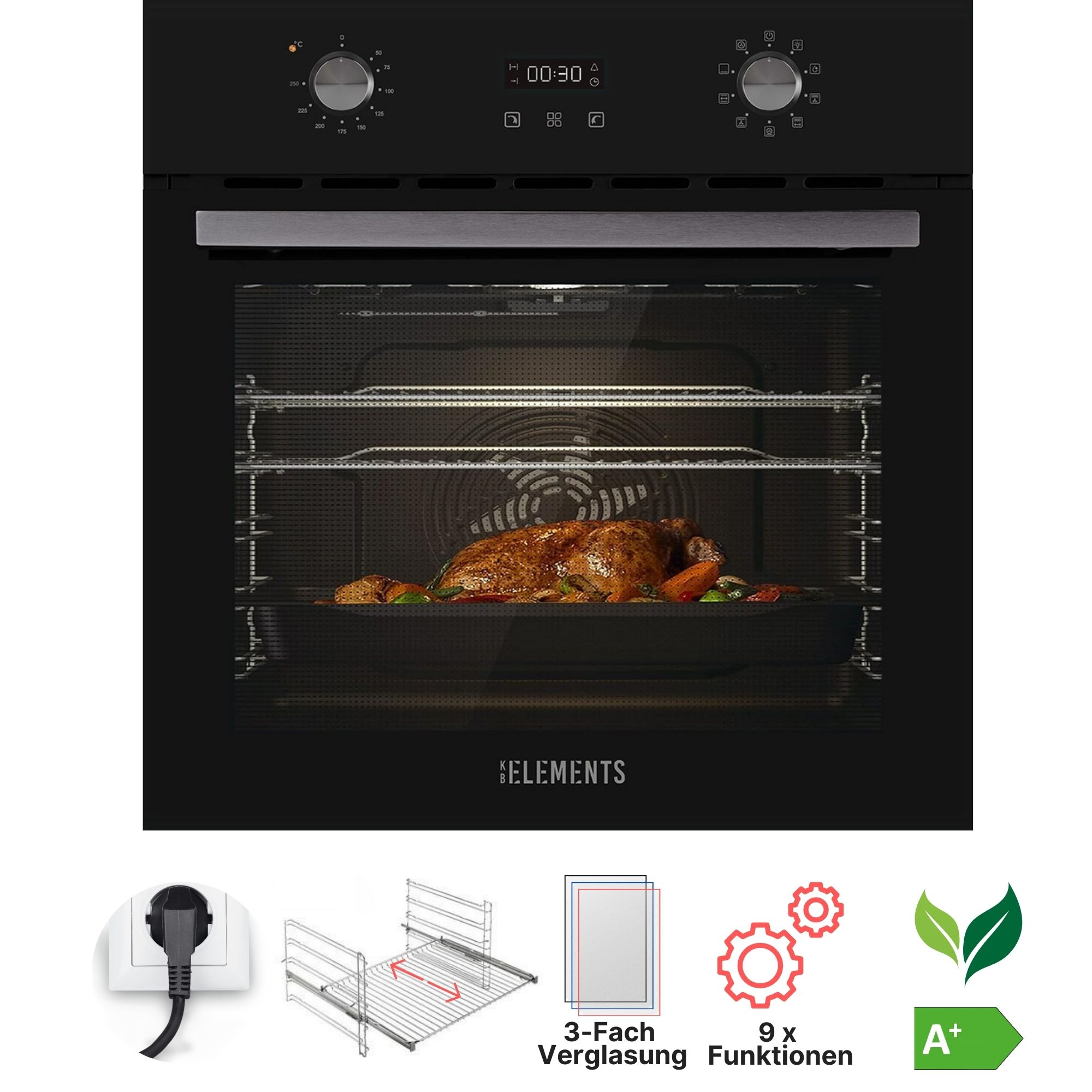 Schwarzer Einbaubackofen mit gebratenem Hähnchen und Gemüse im Inneren. Bedienelemente und Energieeffizienzlabel sichtbar.