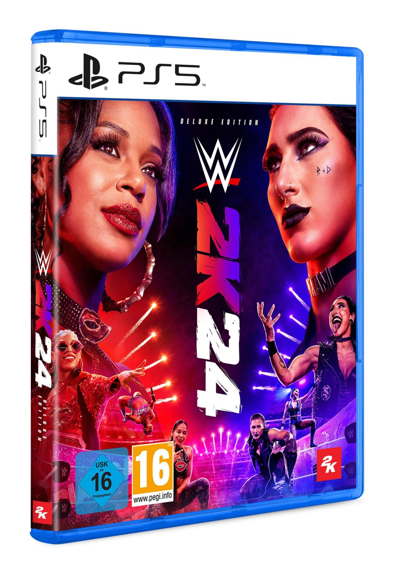 PS5-Spielbox: WWE 2K24 Deluxe Edition mit Wrestling-Stars.