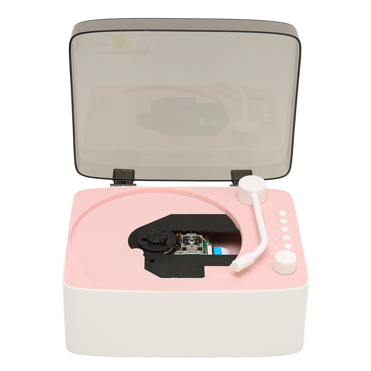Rosa und weißer CD-Player mit geöffnetem Deckel. Er hat einen weißen Arm. Weißer Hintergrund.