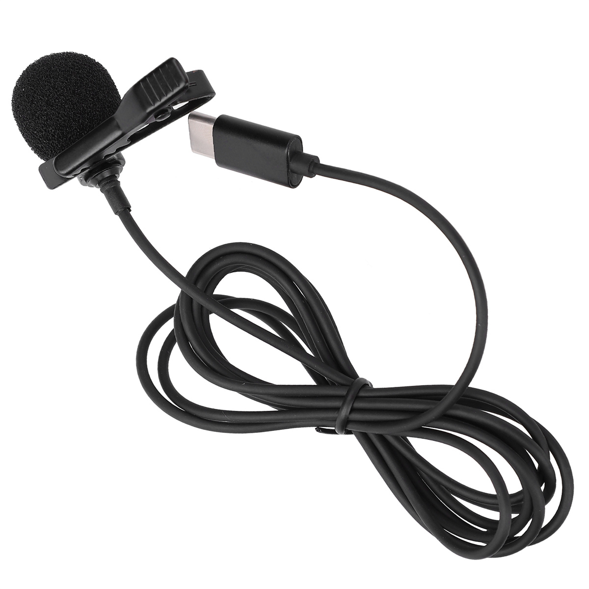 Ein schwarzes Mikrofon mit Clip und USB-C-Anschluss, mit gewickeltem Kabel.