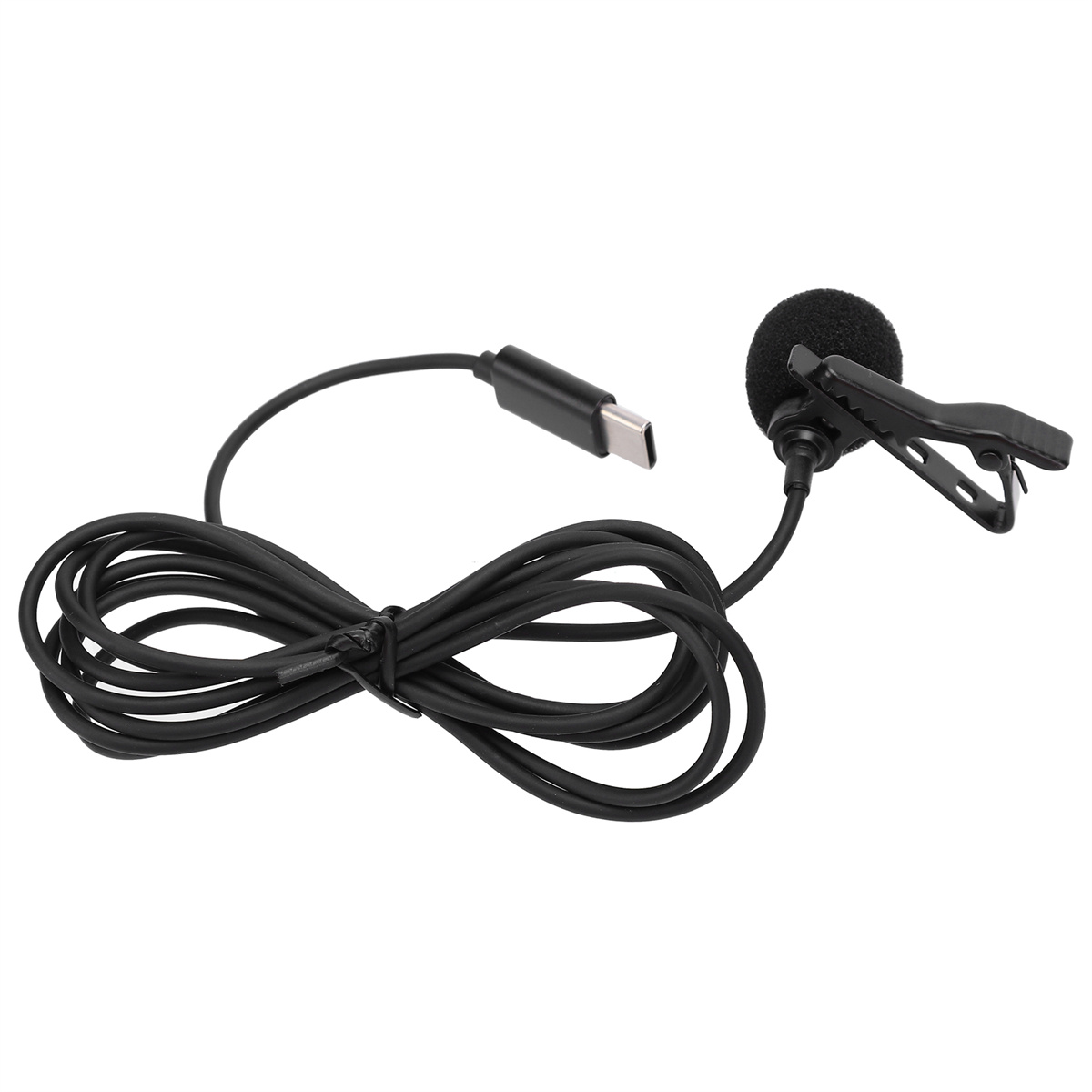 Ein schwarzes Ansteckmikrofon mit schwarzem Kabel und USB-C-Anschluss.