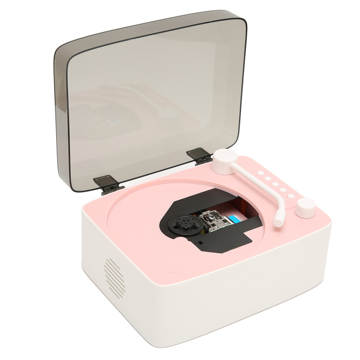 Ein rosa und weißer Retro-CD-Player mit geöffnetem Deckel. Ein silberner Arm erstreckt sich von der rechten Seite.