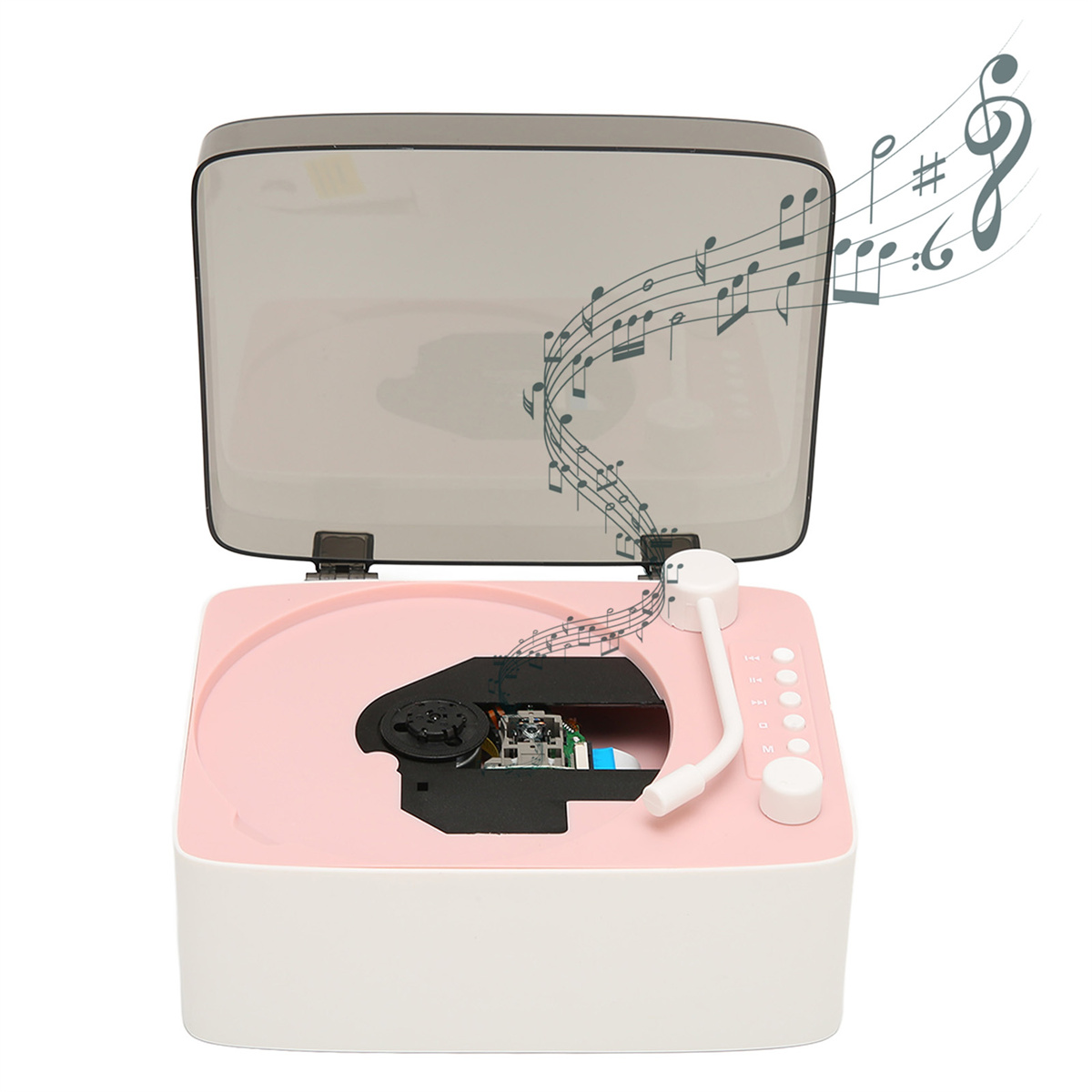 Rosa-weißer Plattenspieler mit durchsichtiger Abdeckung, spielt Musik und Noten schweben darüber.