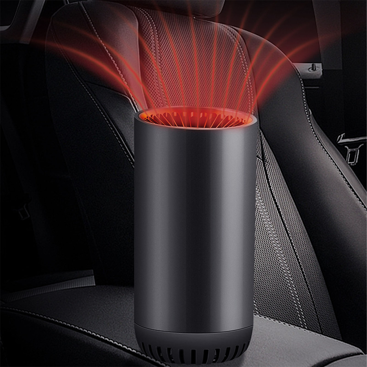 Schwarzer Autoheizer mit roten Hitzewellen, die von oben ausgehen, in einem Autositz.