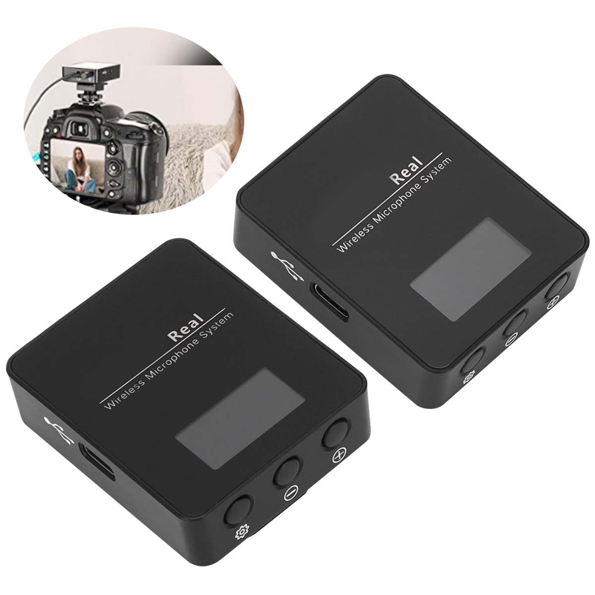 Zwei schwarze drahtlose Mikrofonsysteme. Jedes hat einen Bildschirm, Knöpfe und einen USB-Anschluss.